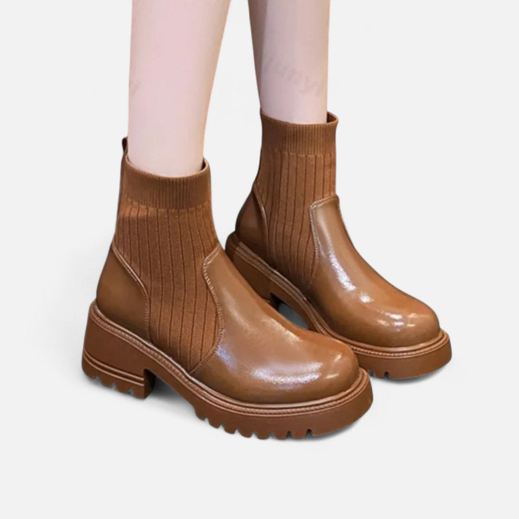 Lia | Ribbed Sock Chunky Block Heel Ankle Boots