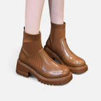 Lia | Ribbed Sock Chunky Block Heel Ankle Boots