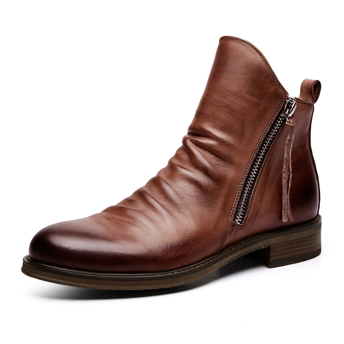 Kian | Ruched Zip Ankle Boots with Almond Toe and Stacked Heel