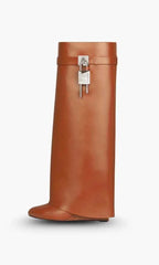 Elcevi | Sculptural High Shaft Wedge Boots with Padlock Detail For Women