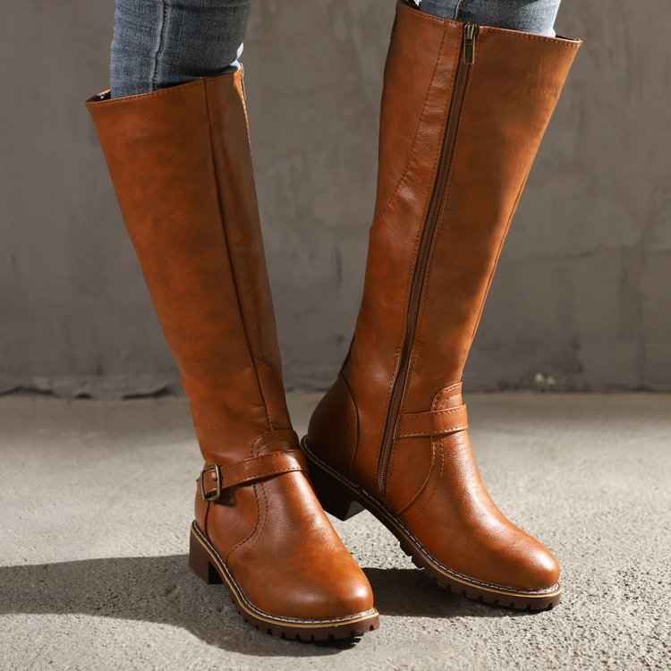 Lia | Women's Buckle Strap Knee-High Boots with Low Block Heel