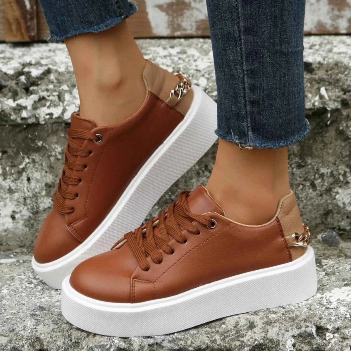 Lia | Women's Gold Chain Platform Lace-Up Casual Sneakers