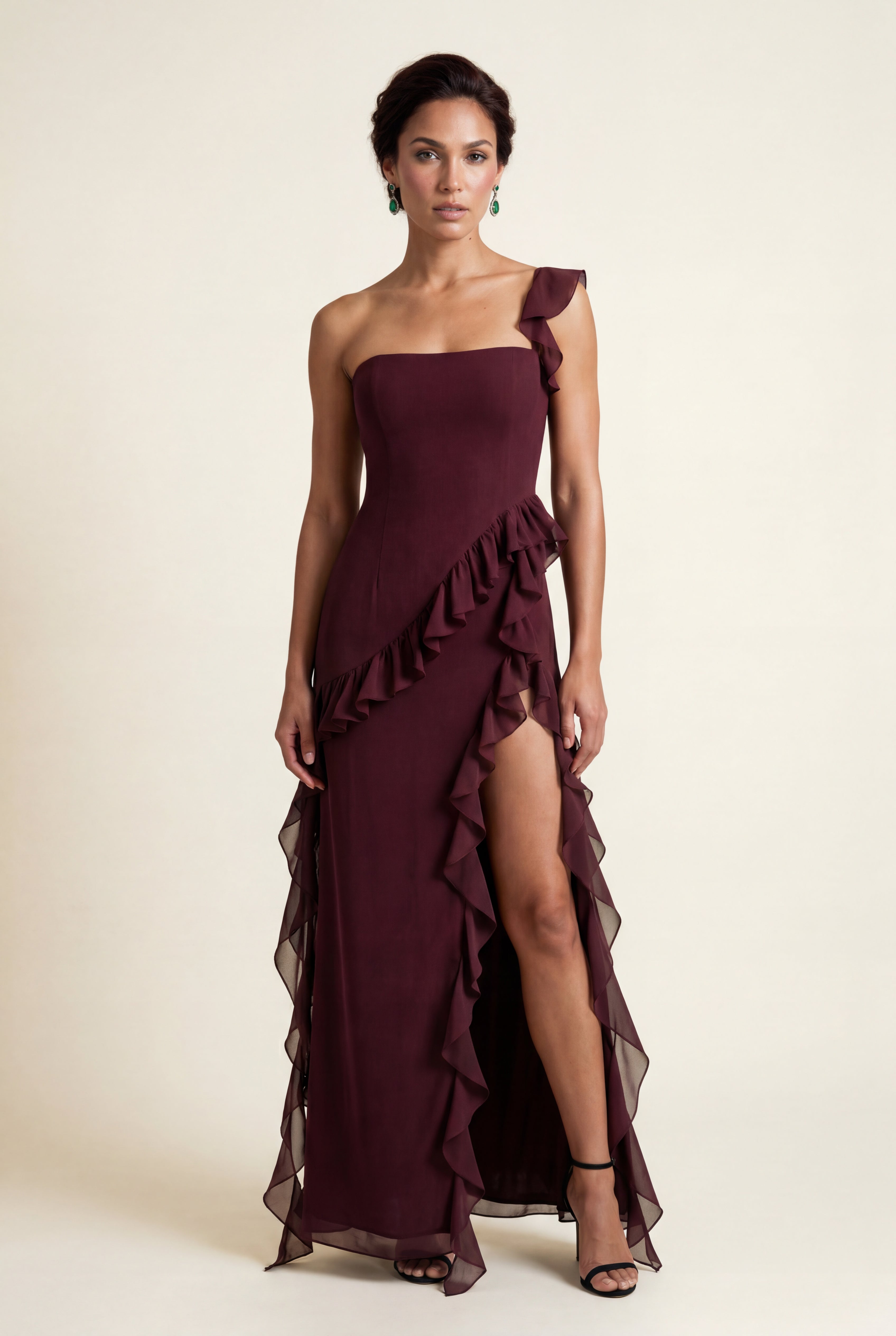 Elcevi | Asymmetric Ruffle Maxi Dress with High Slit For Women