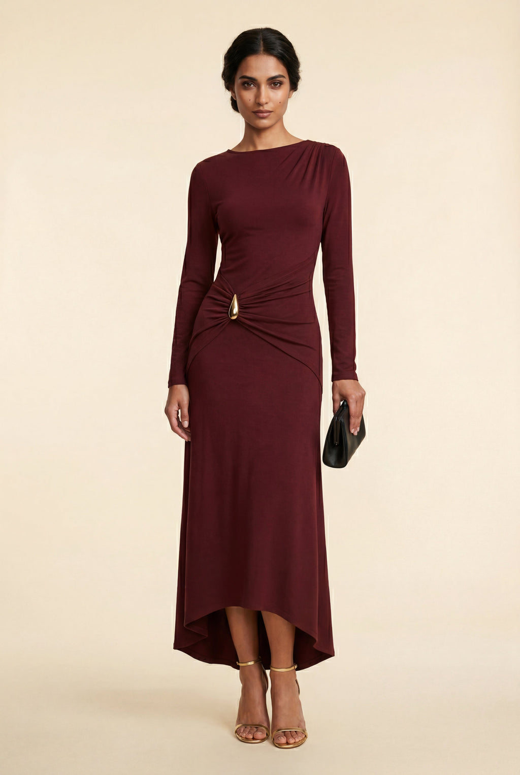 Alyssa | Burgundy Draped Waist Maxi Dress with Gold Accent For Women