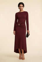 Alyssa | Burgundy Draped Waist Maxi Dress with Gold Accent For Women