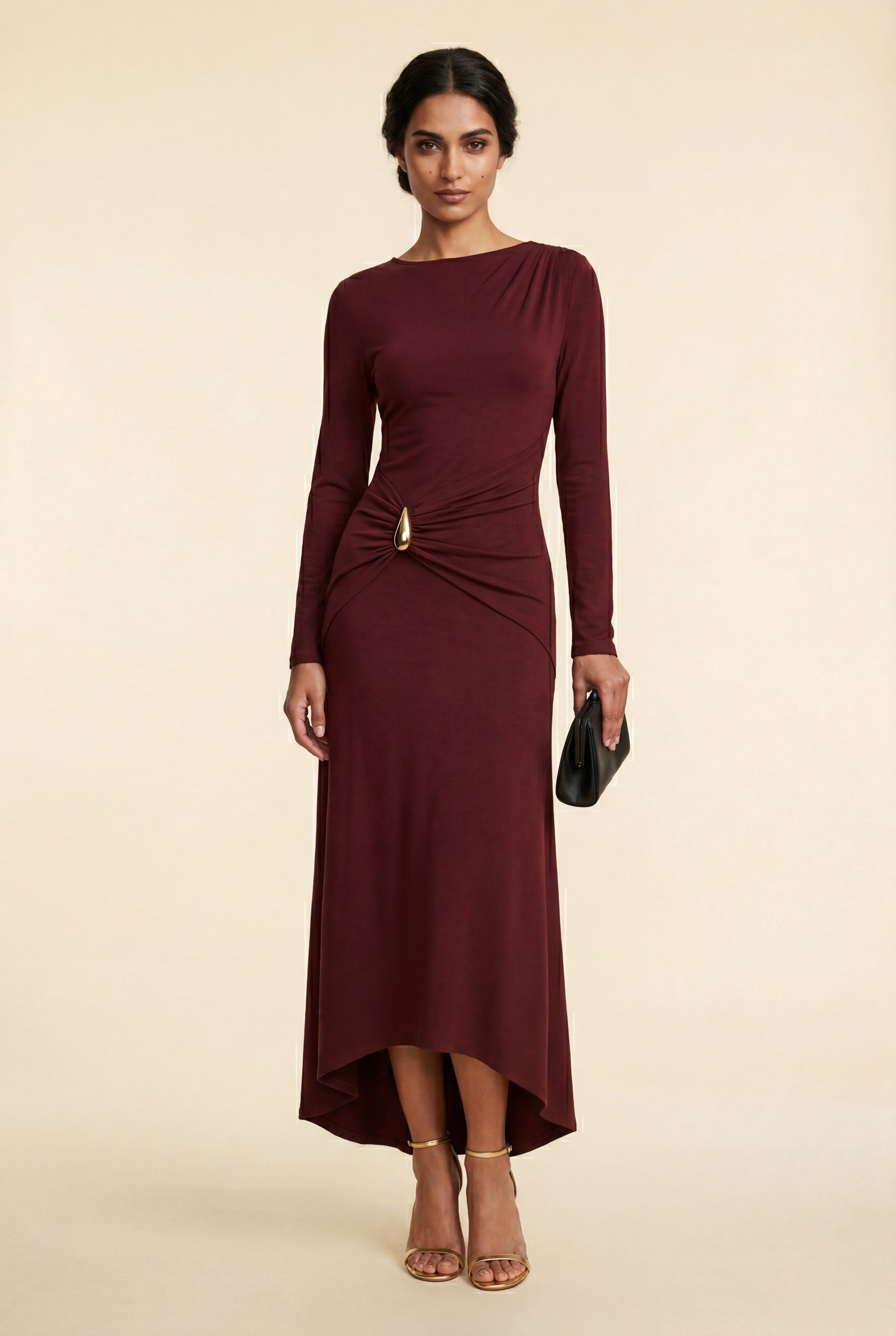 Alyssa | Burgundy Draped Waist Maxi Dress with Gold Accent For Women