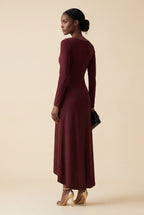 Alyssa | Burgundy Draped Waist Maxi Dress with Gold Accent For Women