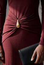 Alyssa | Burgundy Draped Waist Maxi Dress with Gold Accent For Women