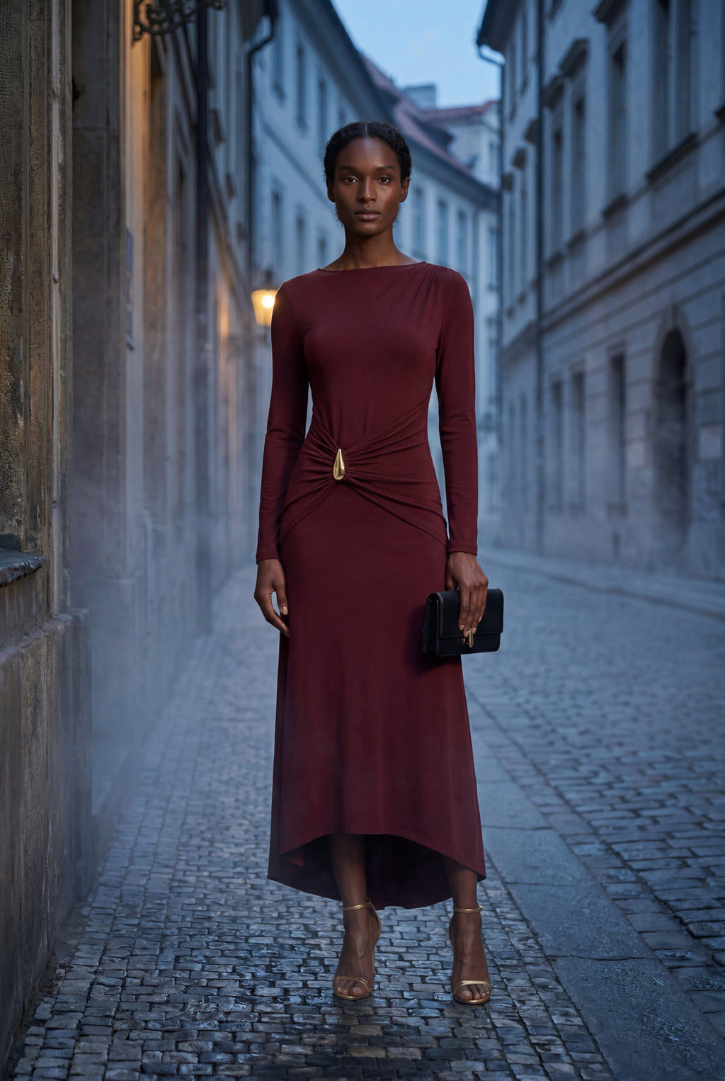 Alyssa | Burgundy Draped Waist Maxi Dress with Gold Accent For Women