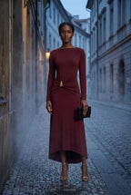 Alyssa | Burgundy Draped Waist Maxi Dress with Gold Accent For Women