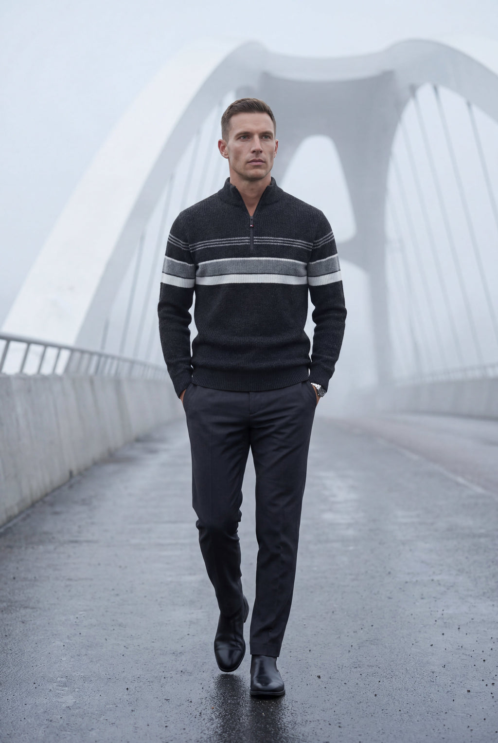 Half Zip Stand Collar Striped Sweater | James