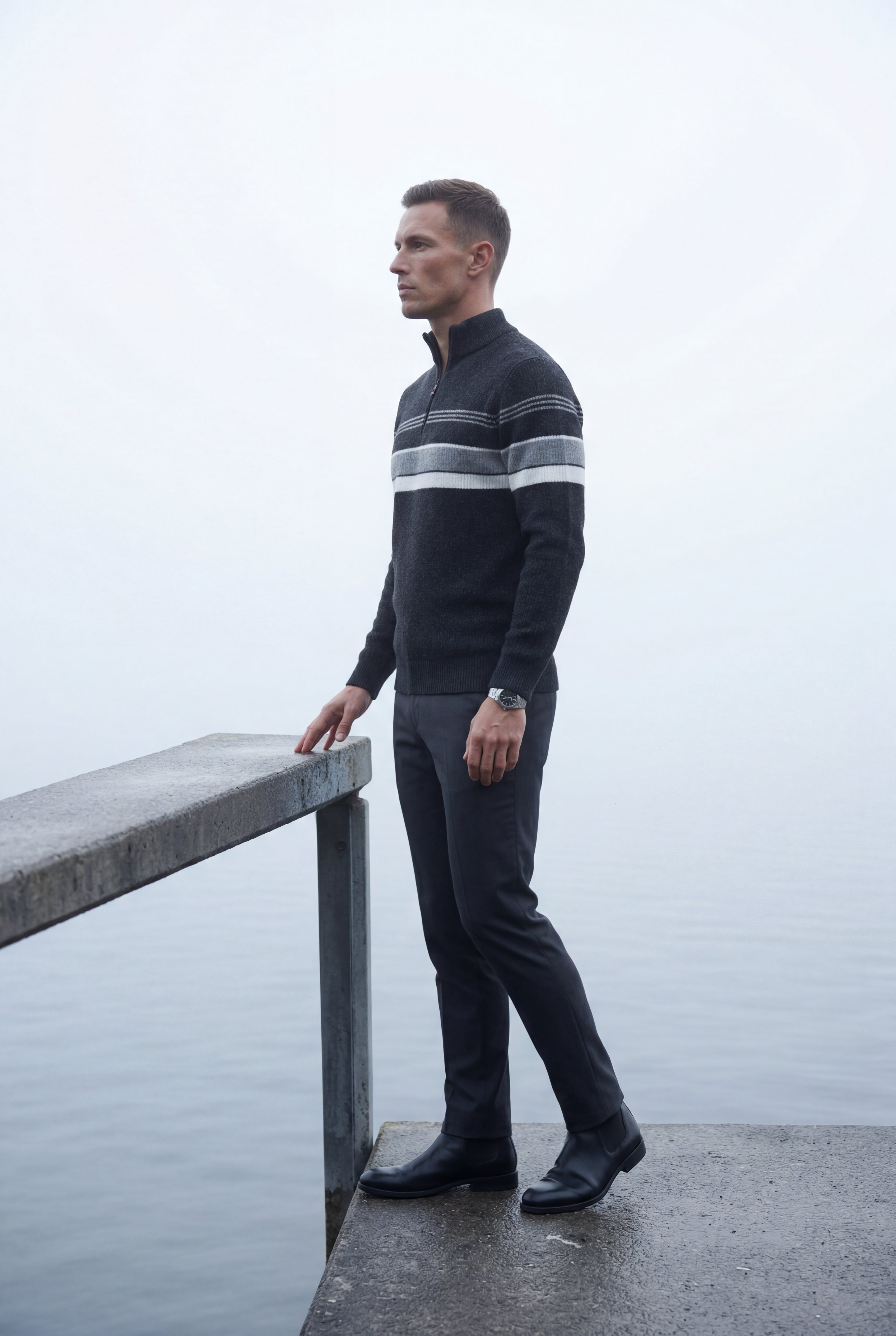 Half Zip Stand Collar Striped Sweater | James