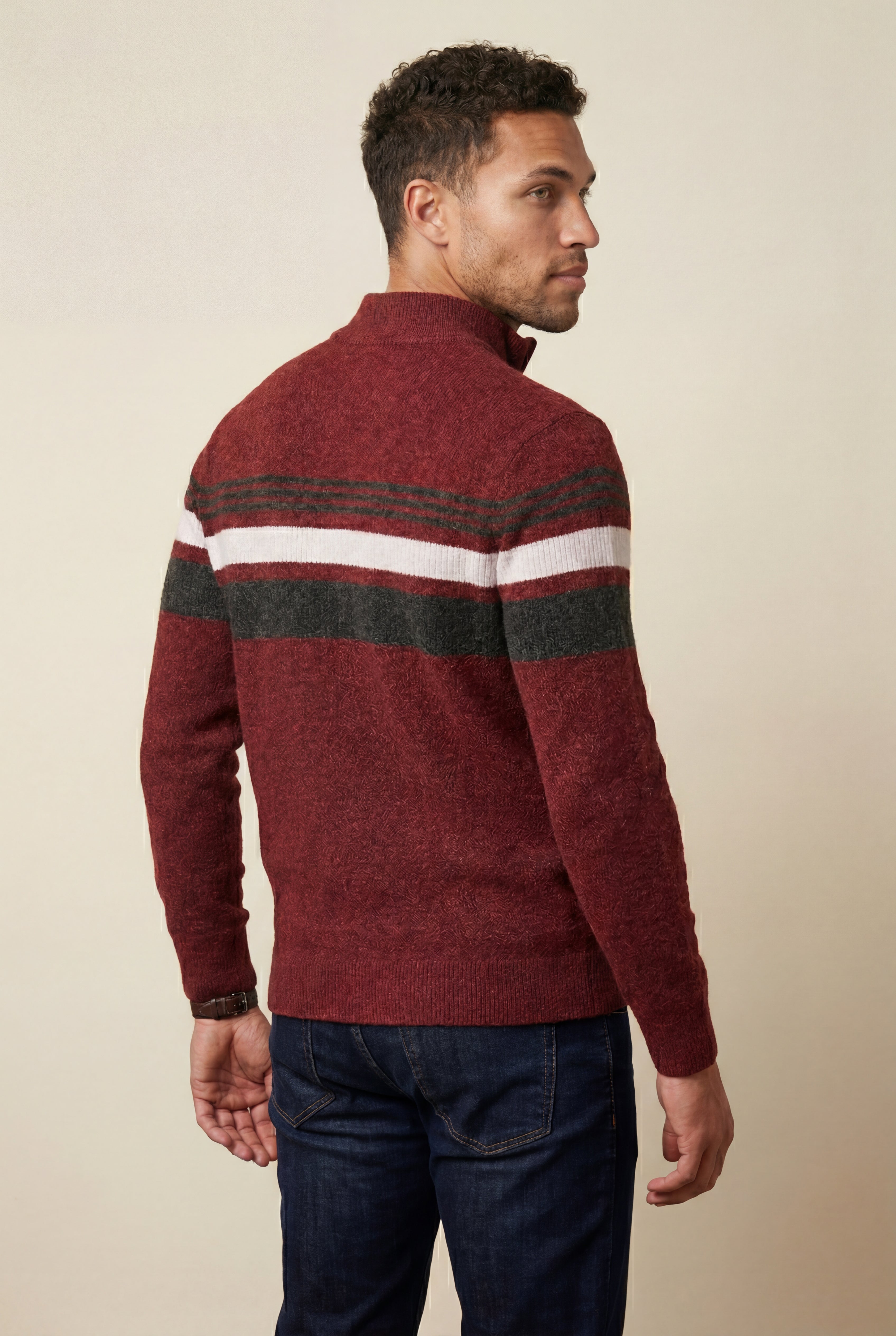 Half Zip Stand Collar Striped Sweater | James