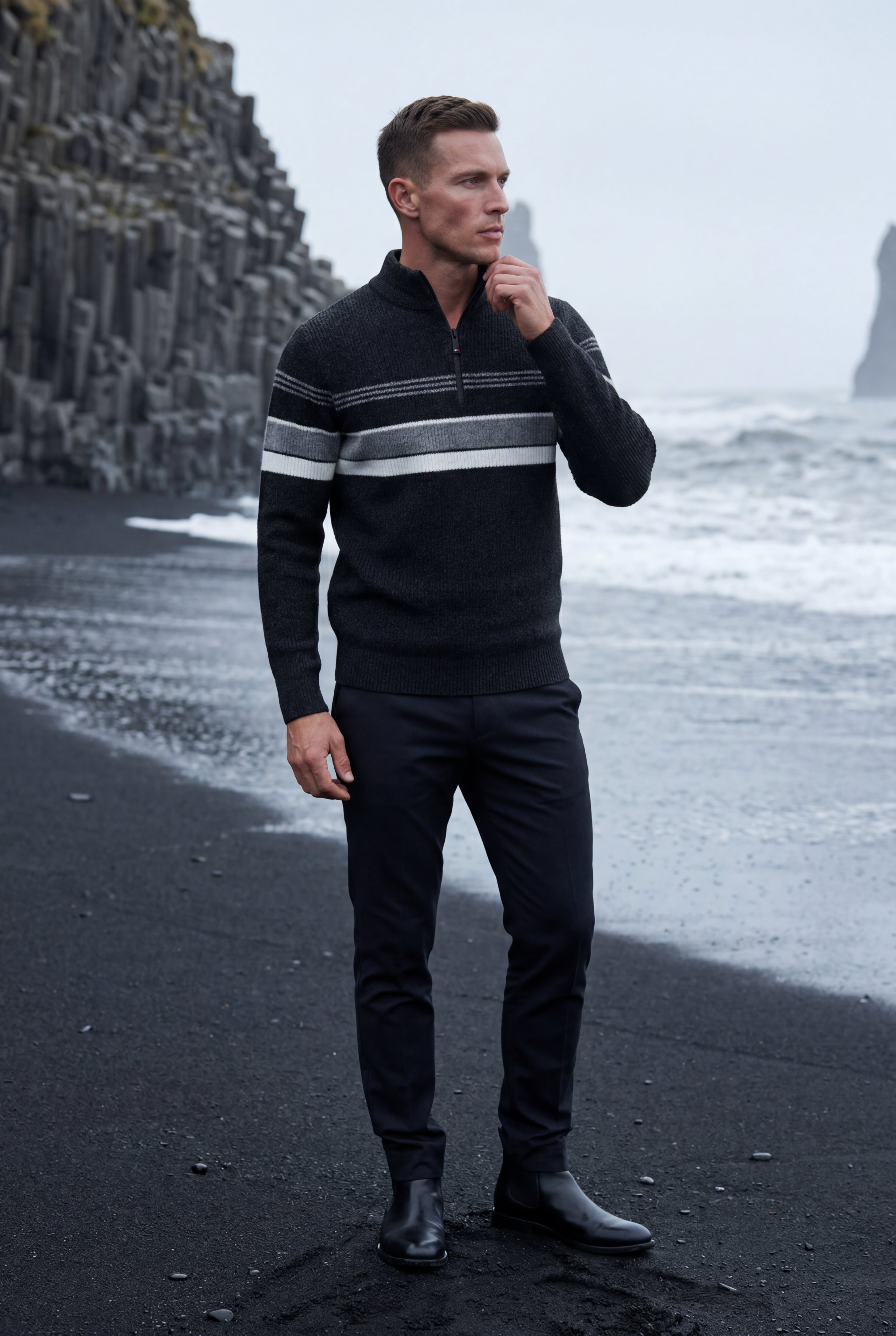 Half Zip Stand Collar Striped Sweater | James