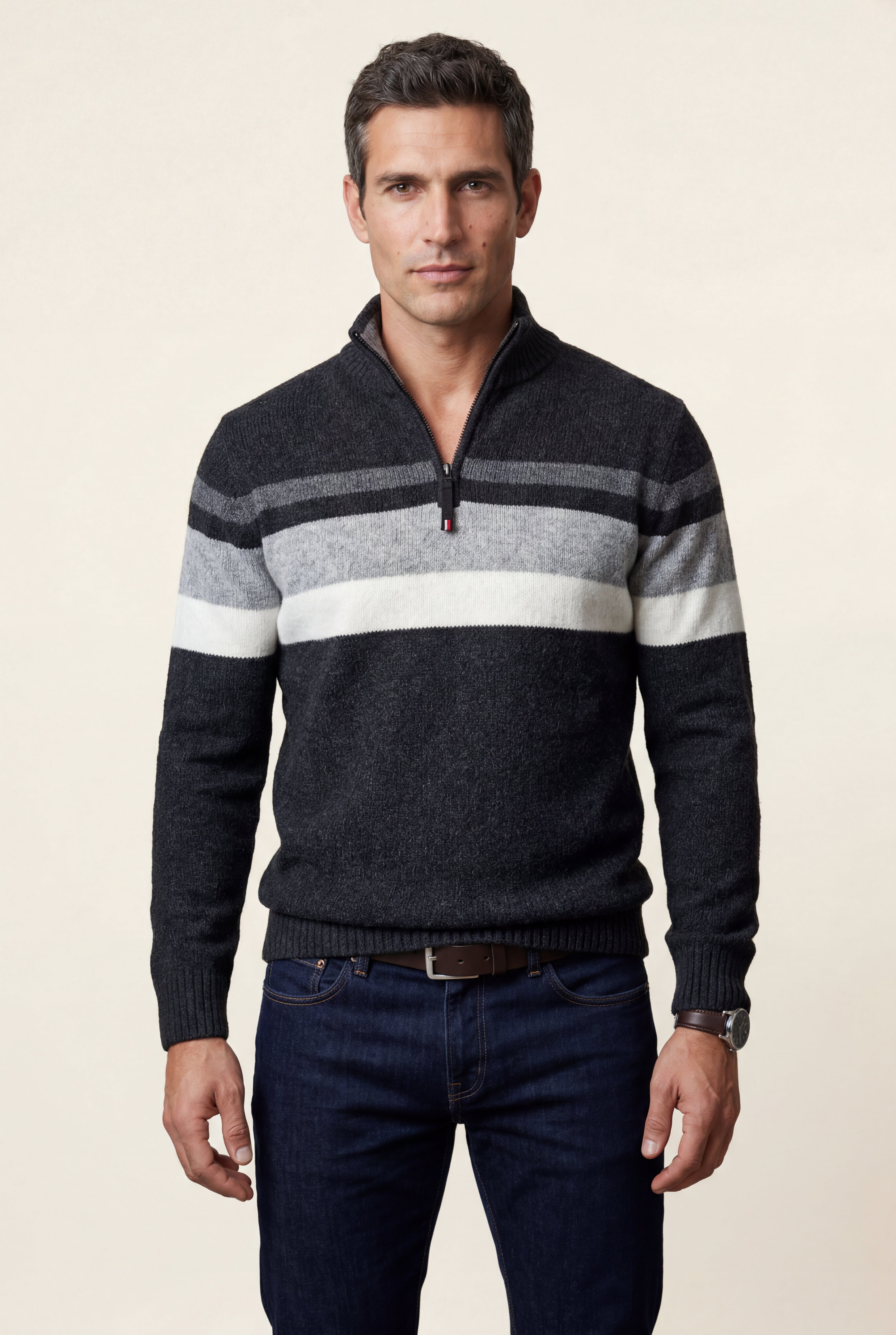 Half Zip Stand Collar Striped Sweater | James