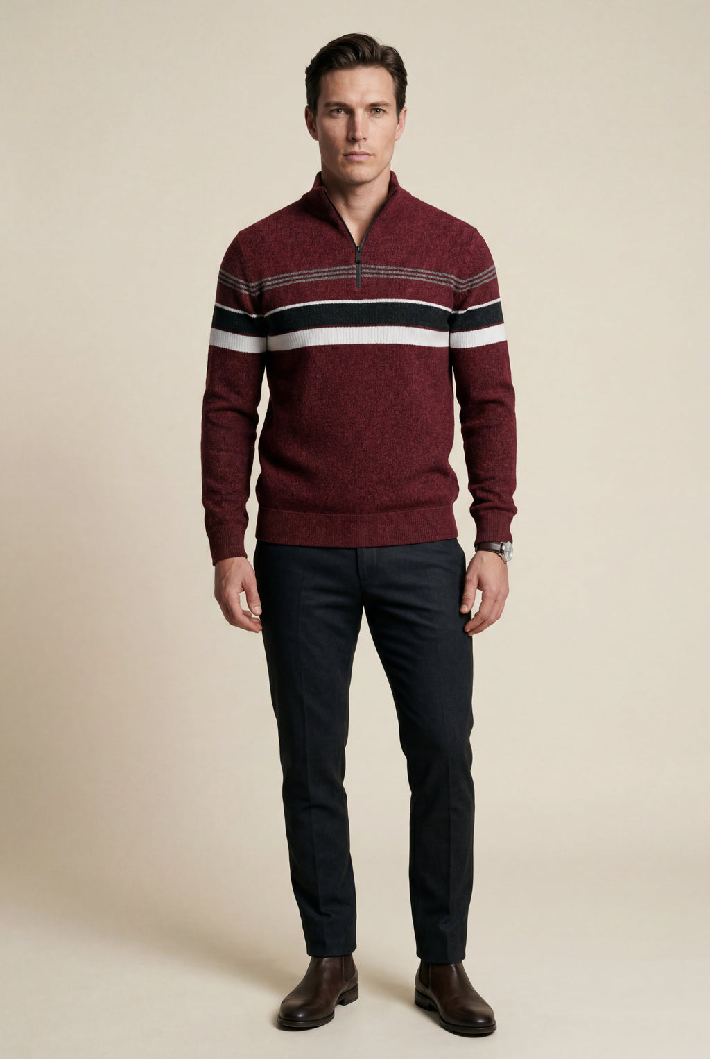 Half Zip Stand Collar Striped Sweater | James