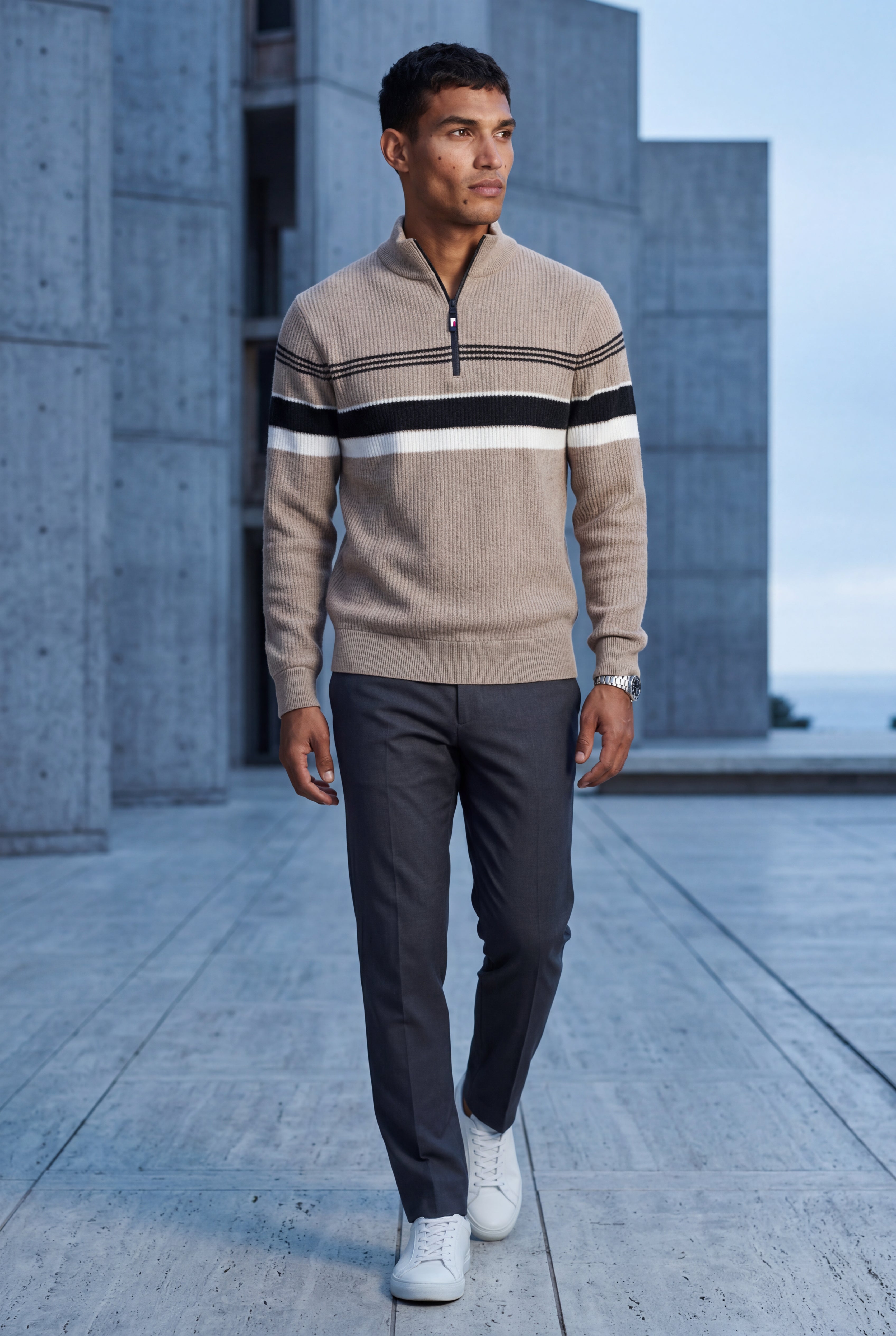 Half Zip Stand Collar Striped Sweater | James