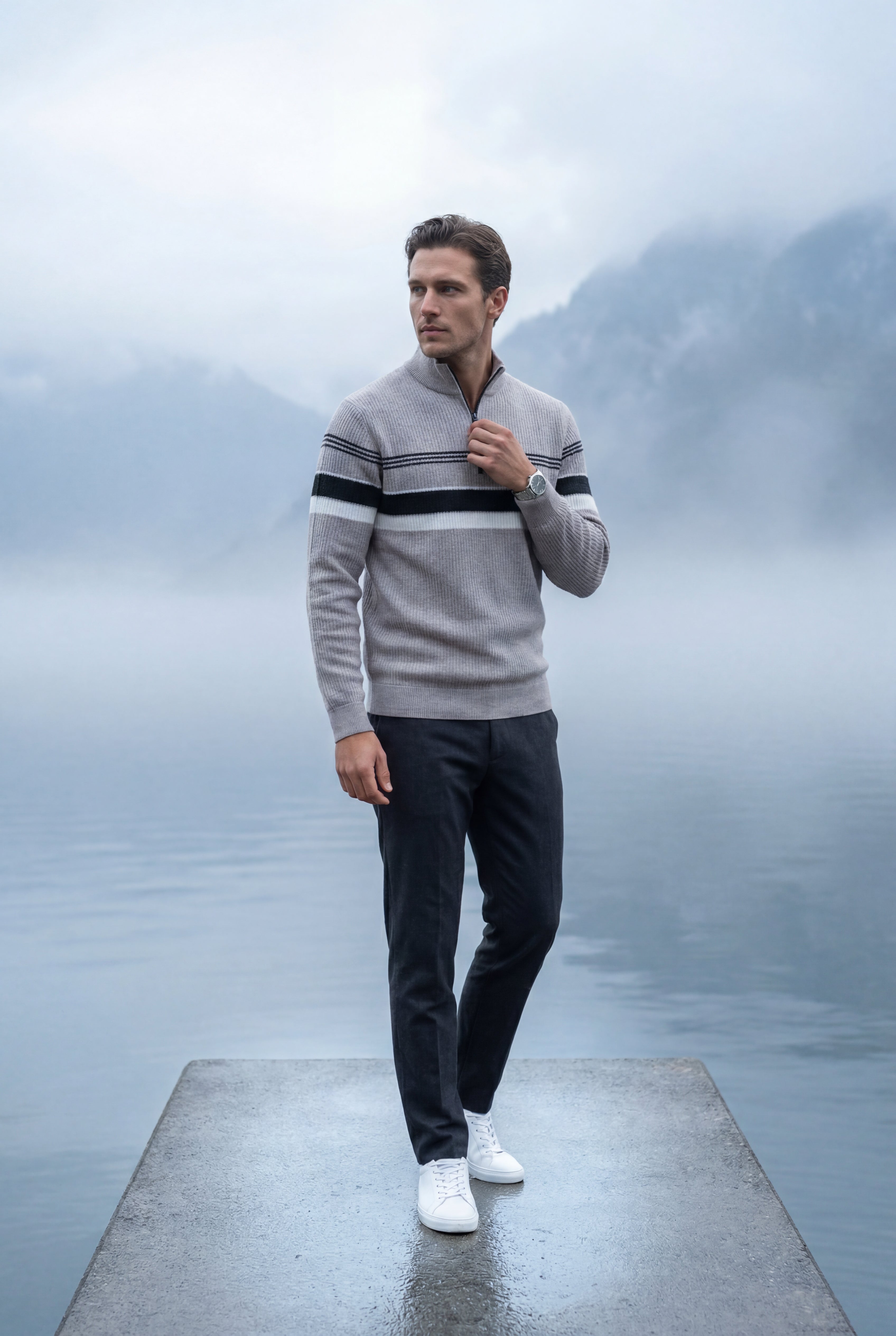 Half Zip Stand Collar Striped Sweater | James