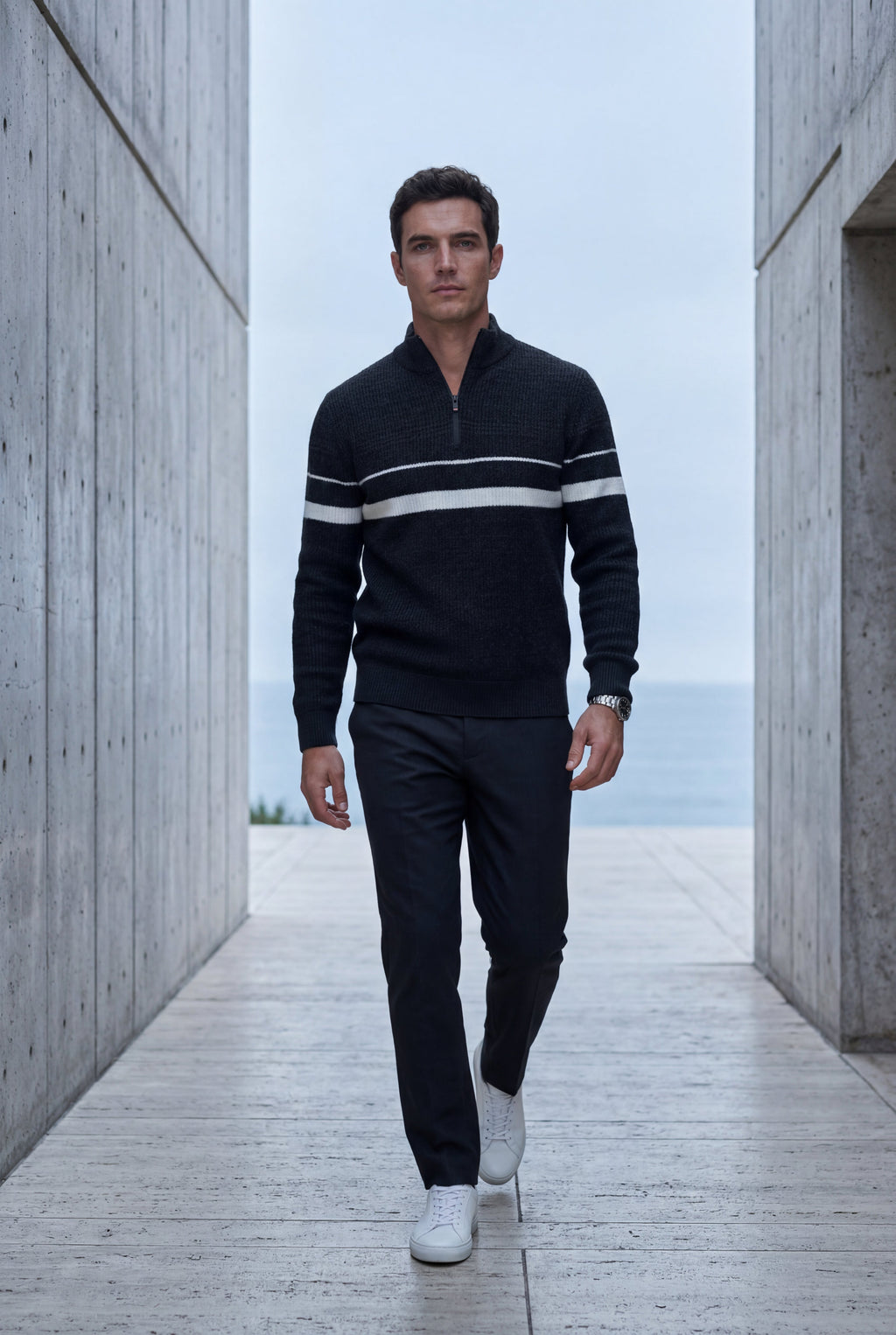 Half Zip Stand Collar Striped Sweater | James