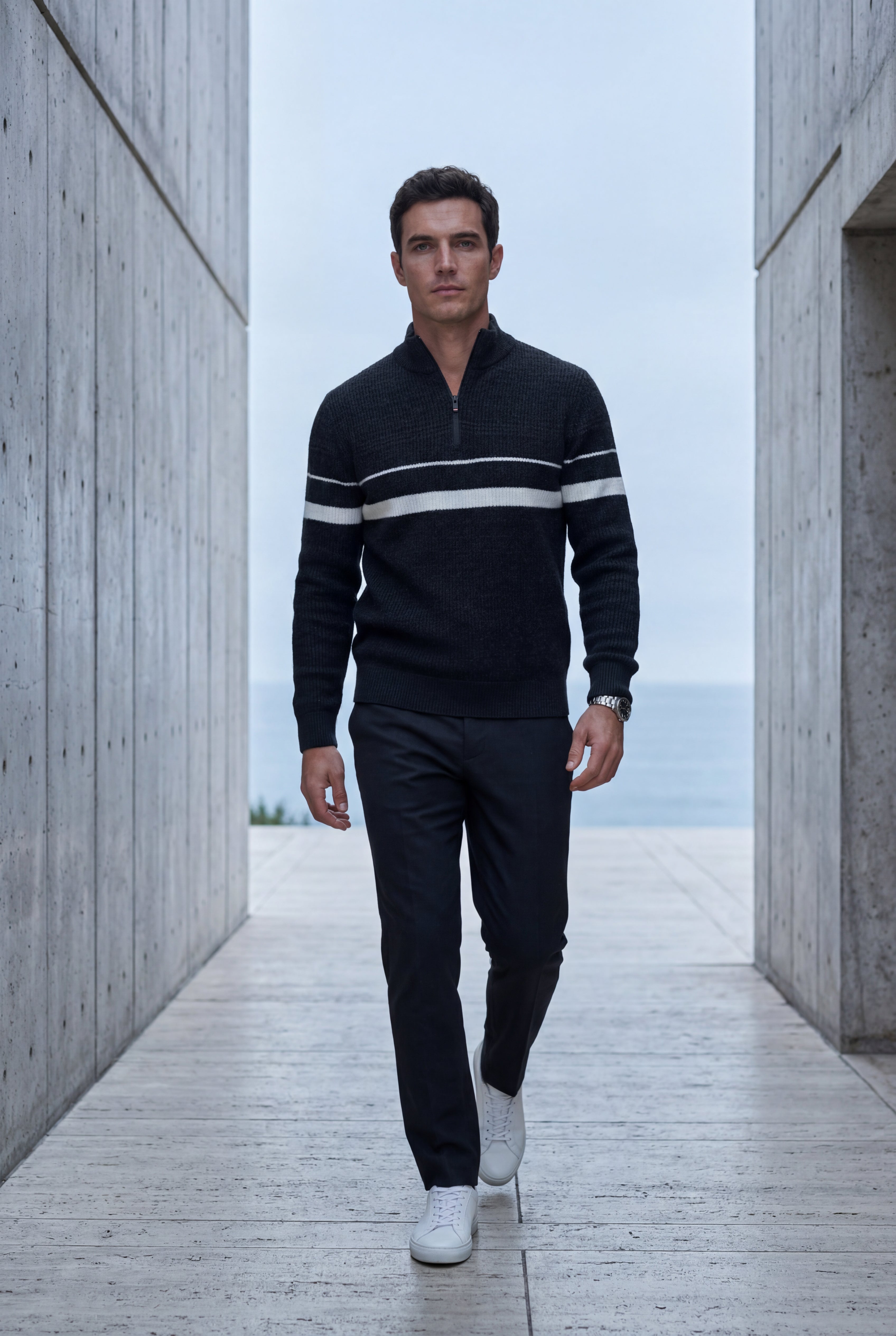 Half Zip Stand Collar Striped Sweater | James
