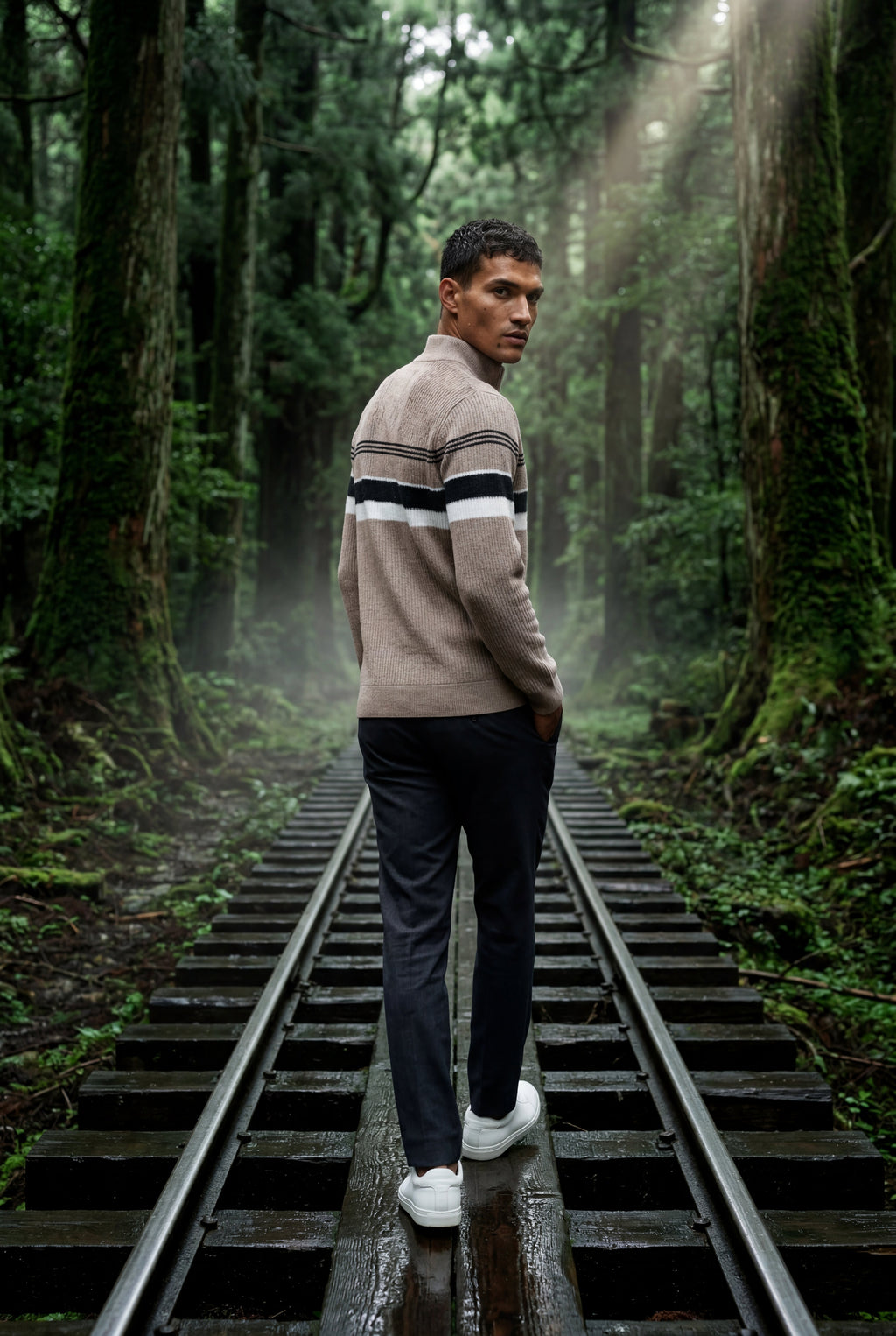 Half Zip Stand Collar Striped Sweater | James