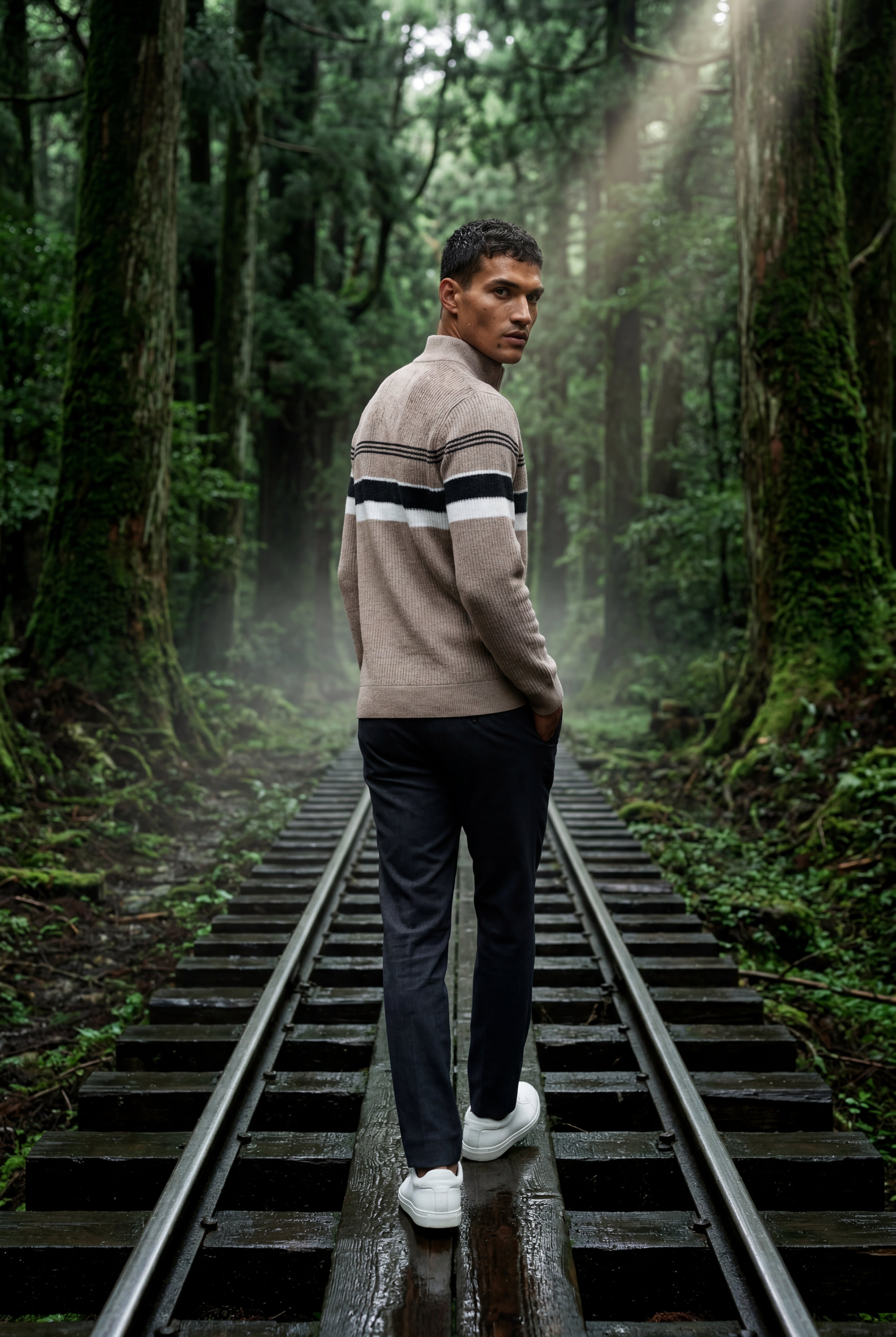 Half Zip Stand Collar Striped Sweater | James