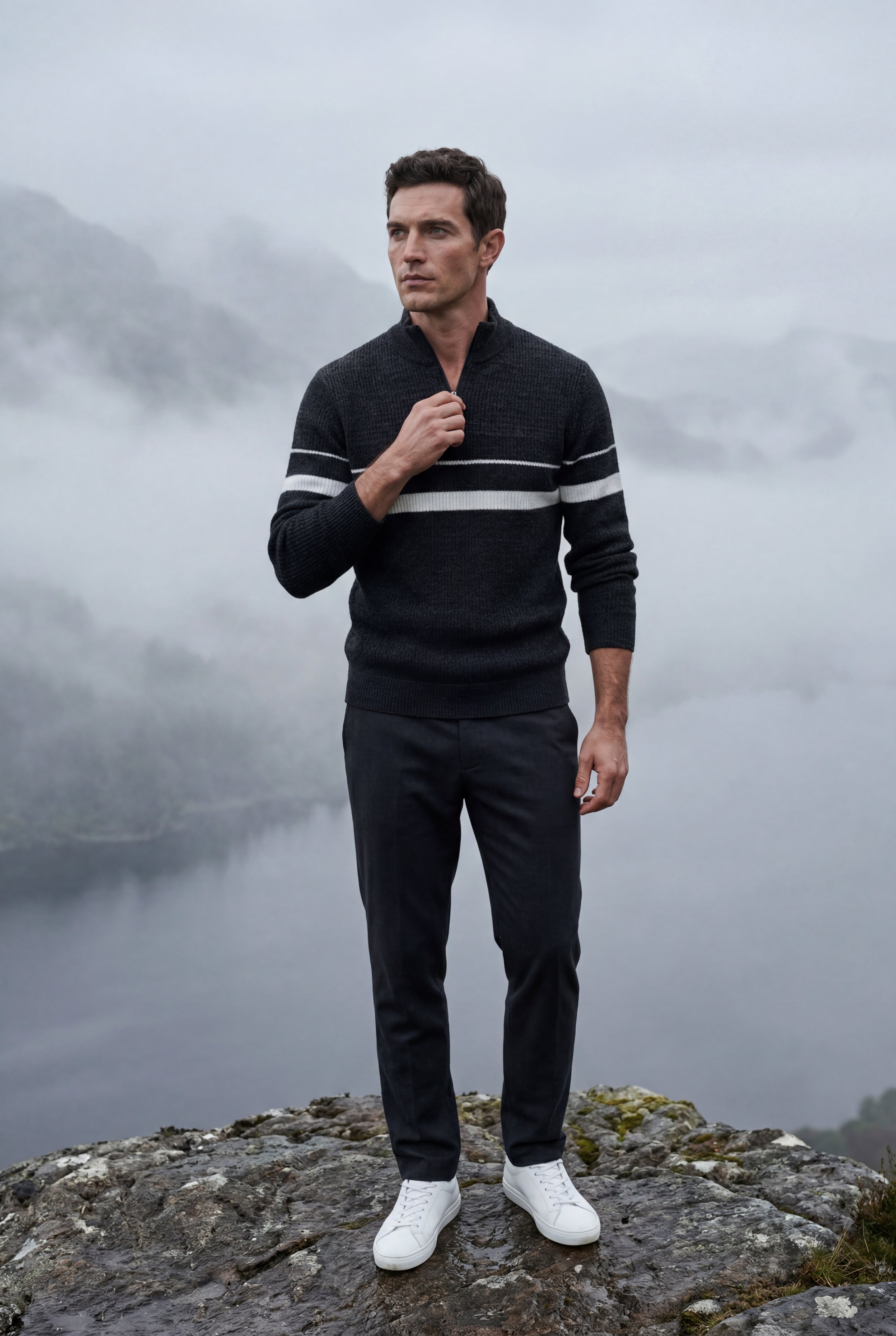 Half Zip Stand Collar Striped Sweater | James