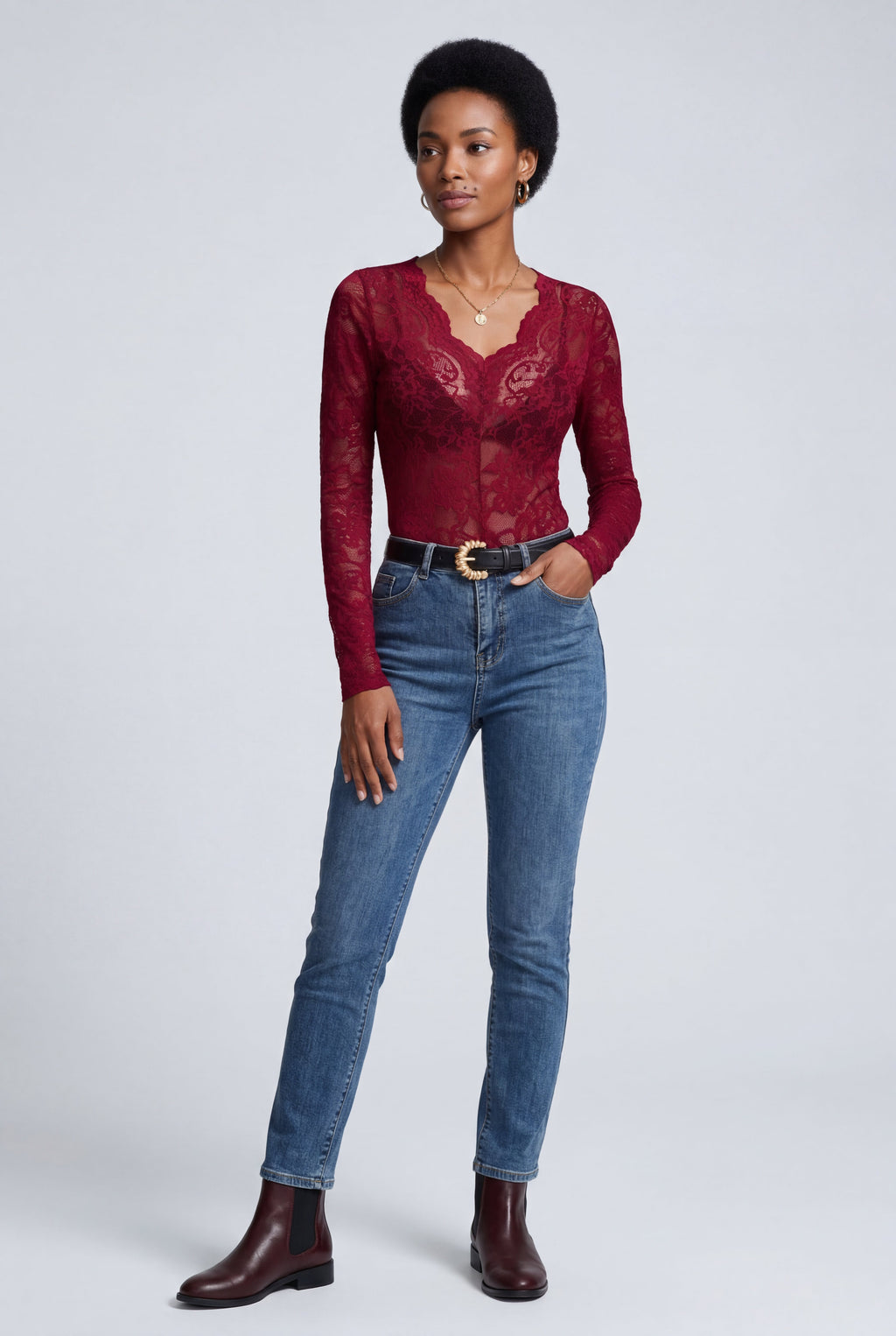 Lois | Scalloped Floral Lace Long Sleeve Bodysuit Top