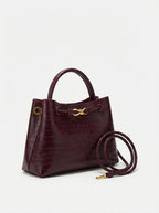 Lieke | Women's Burgundy Croc-Embossed Top Handle Bag with Gold Hardware
