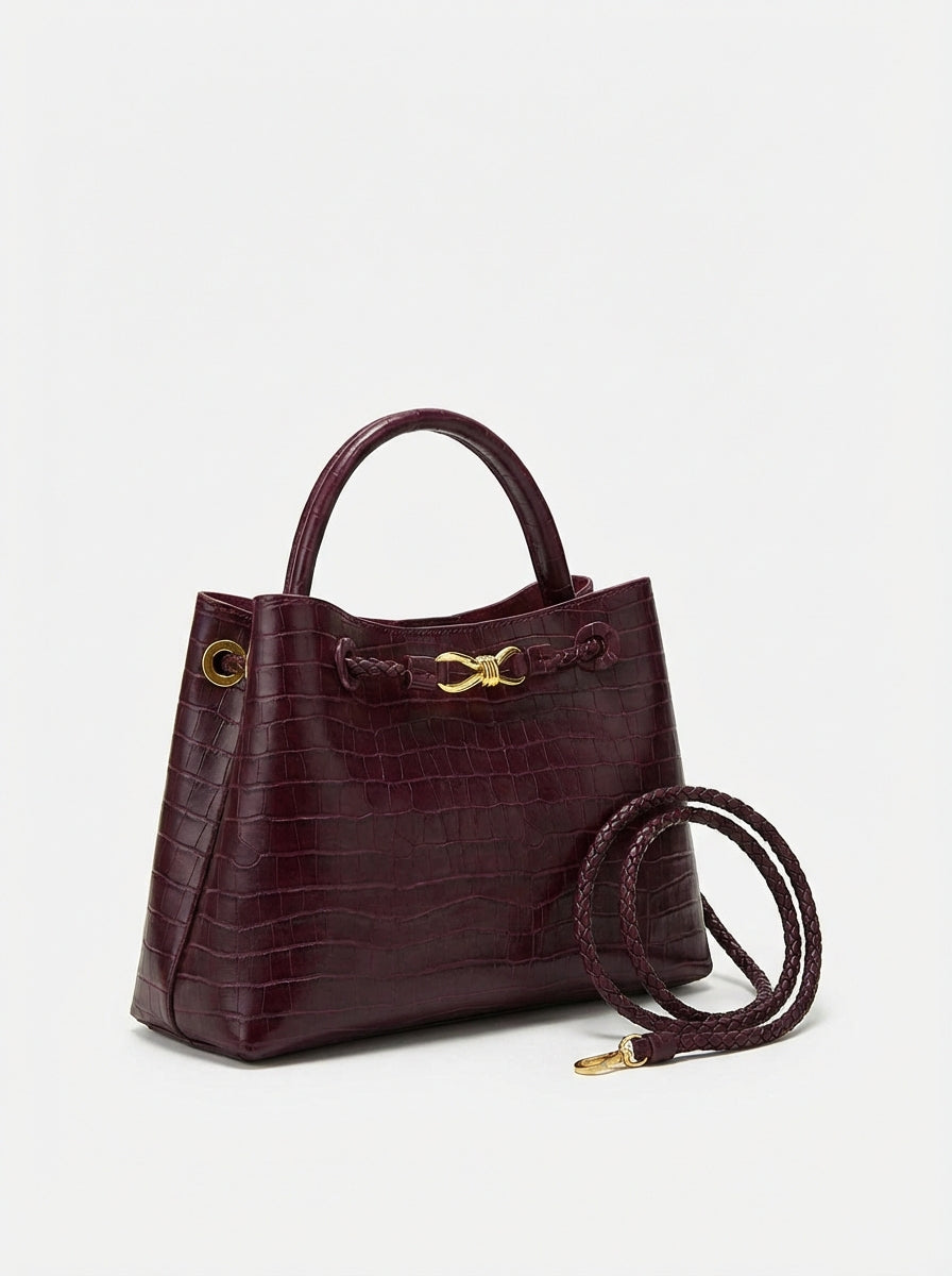 Lieke | Women's Burgundy Croc-Embossed Top Handle Bag with Gold Hardware