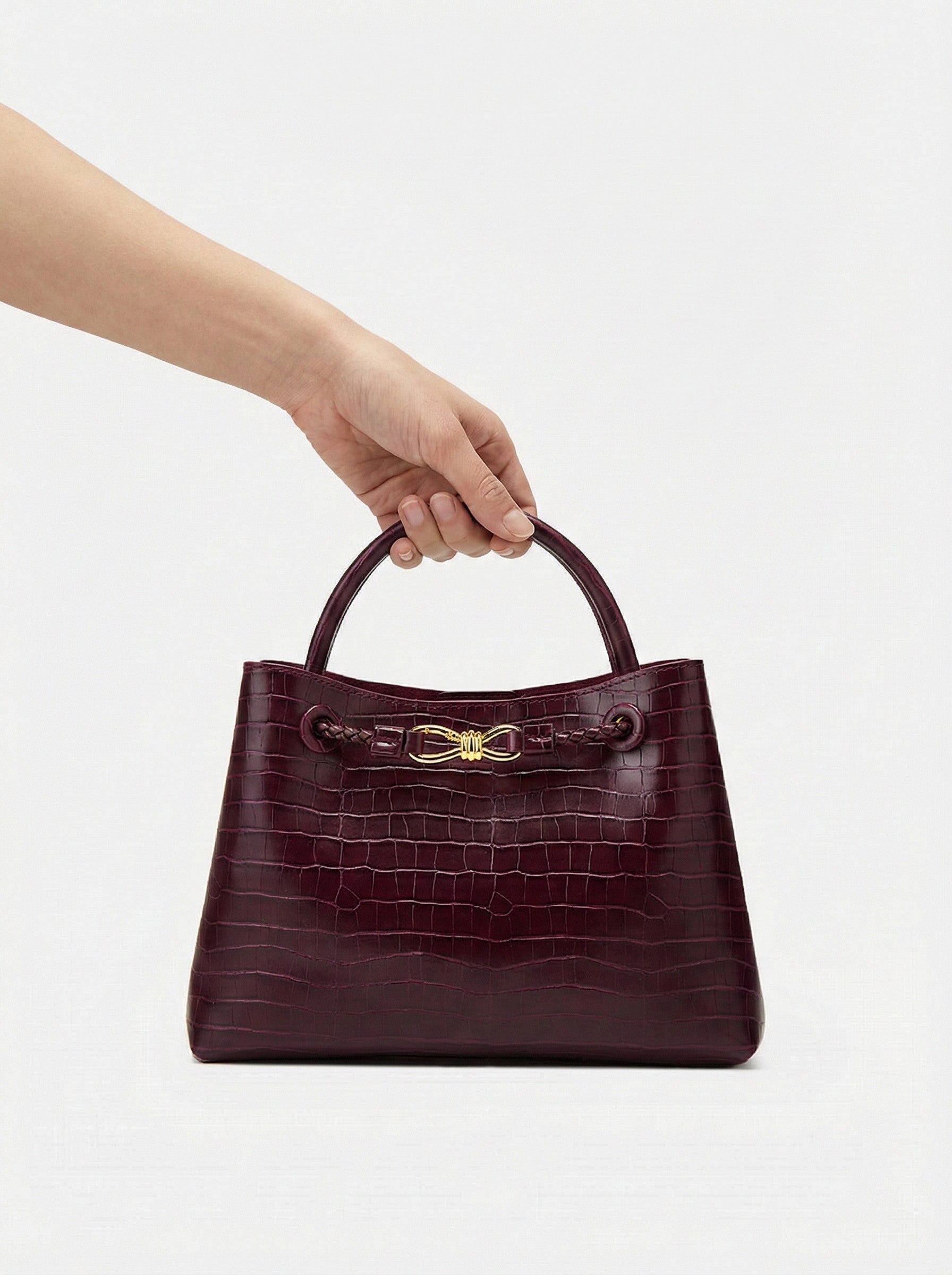 Lieke | Women's Burgundy Croc-Embossed Top Handle Bag with Gold Hardware