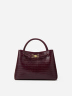 Lieke | Women's Burgundy Croc-Embossed Top Handle Bag with Gold Hardware