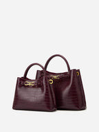 Lieke | Women's Burgundy Croc-Embossed Top Handle Bag with Gold Hardware