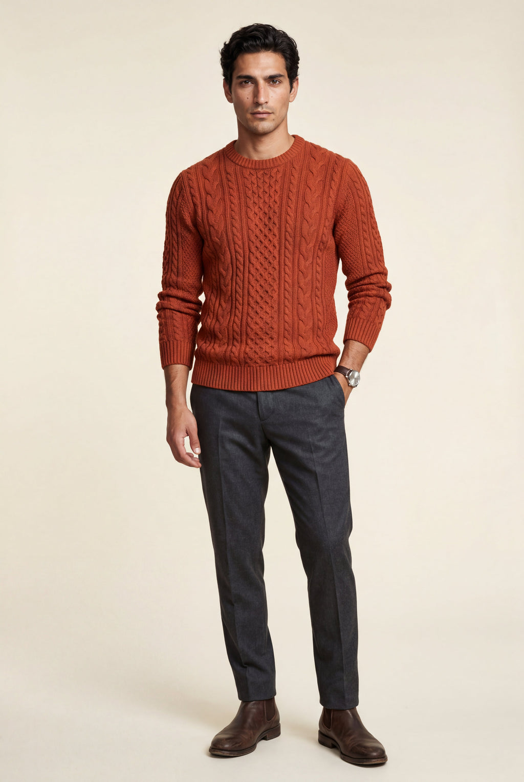 Chunky Cable Crewneck Sweater with Ribbed Hem | Liam