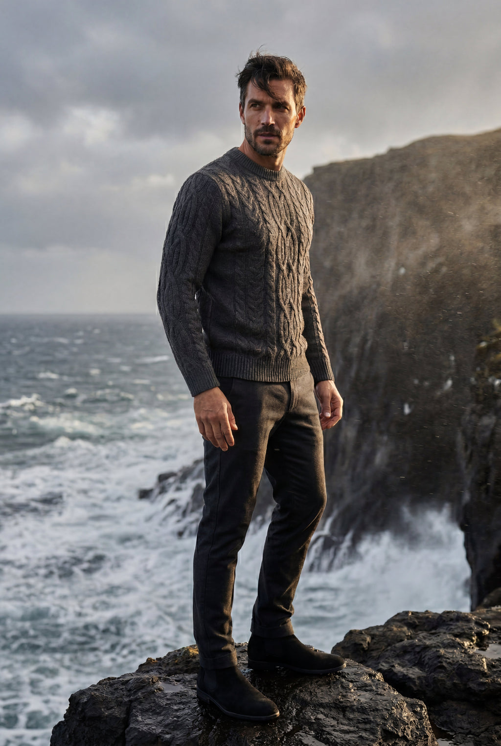 Chunky Cable Crewneck Sweater with Ribbed Hem | Liam