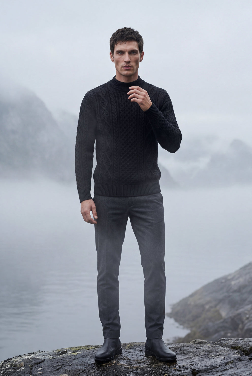Chunky Cable Crewneck Sweater with Ribbed Hem | Liam