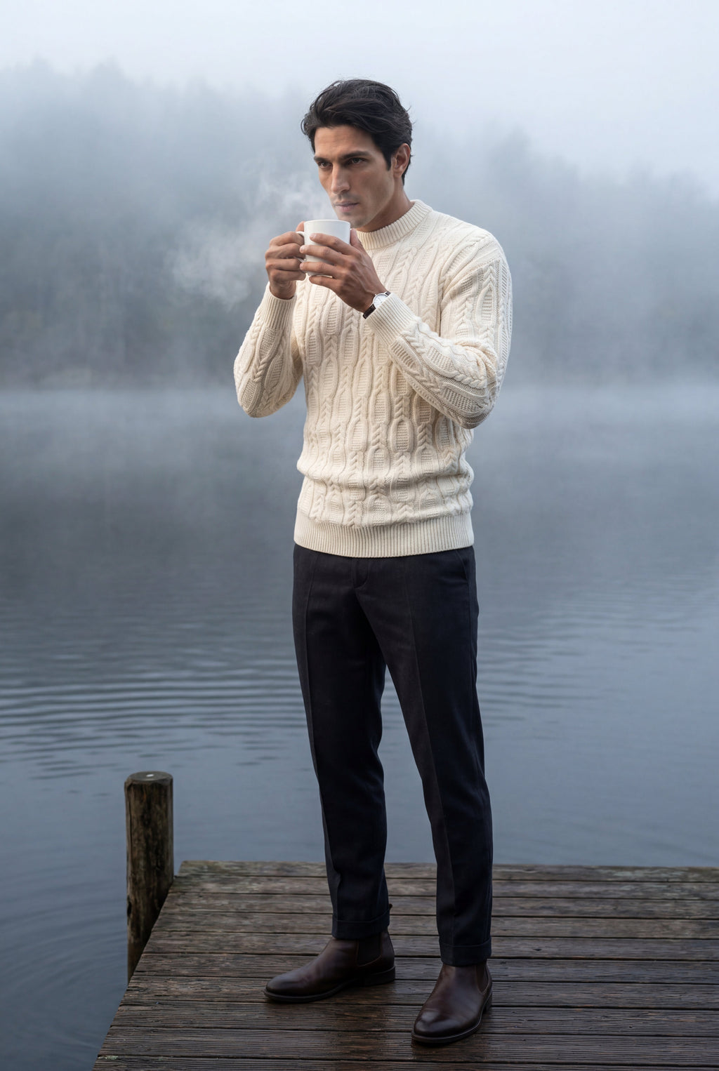 Chunky Cable Crewneck Sweater with Ribbed Hem | Liam