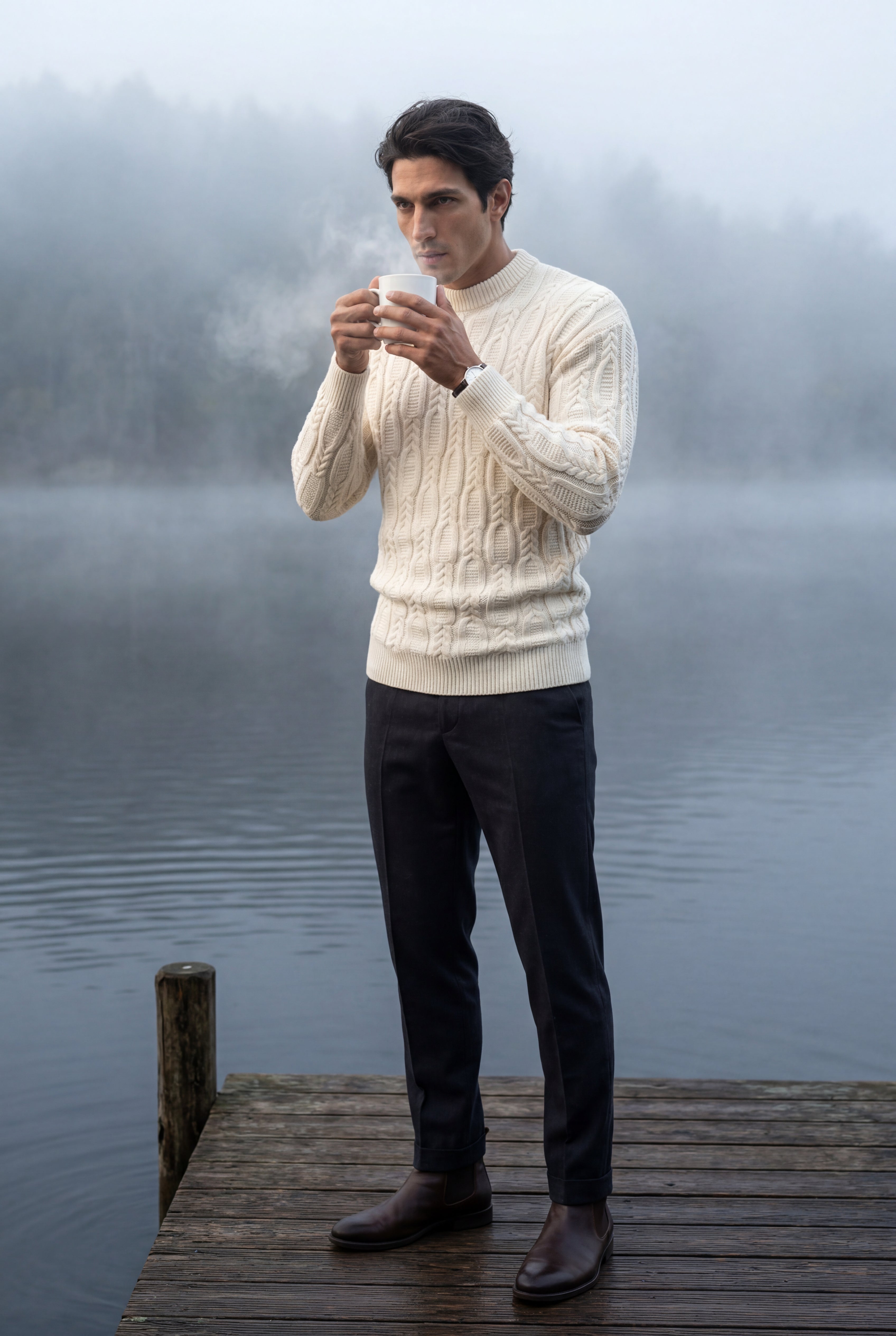 Chunky Cable Crewneck Sweater with Ribbed Hem | Liam