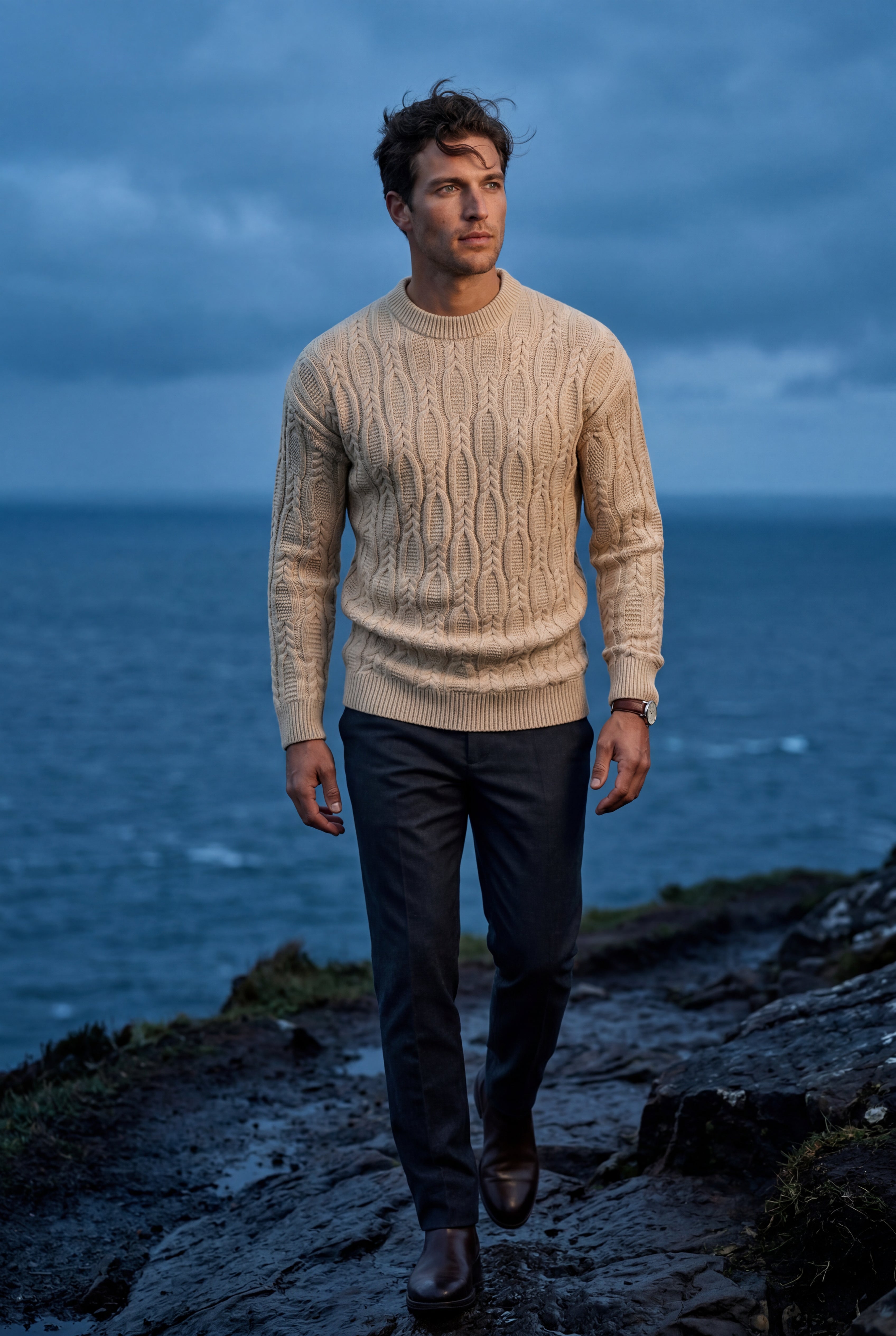 Chunky Cable Crewneck Sweater with Ribbed Hem | Liam