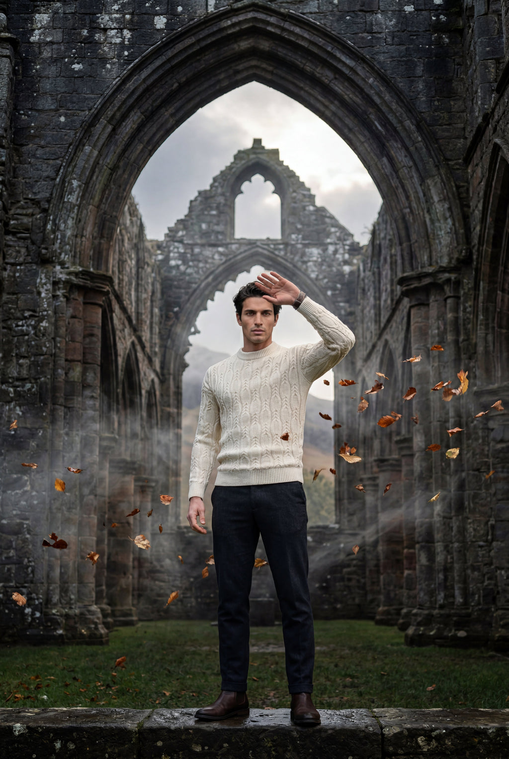 Chunky Cable Crewneck Sweater with Ribbed Hem | Liam