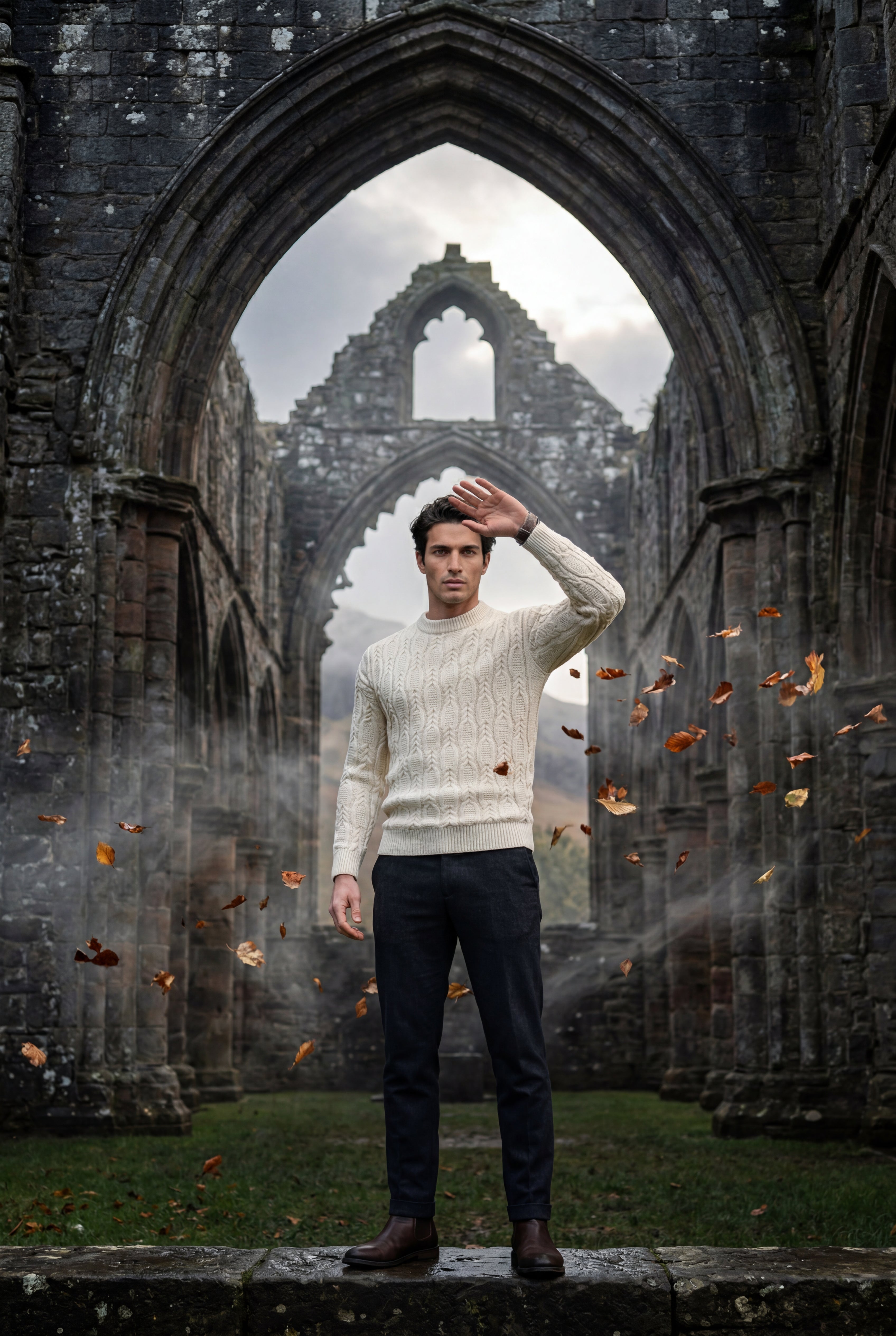 Chunky Cable Crewneck Sweater with Ribbed Hem | Liam