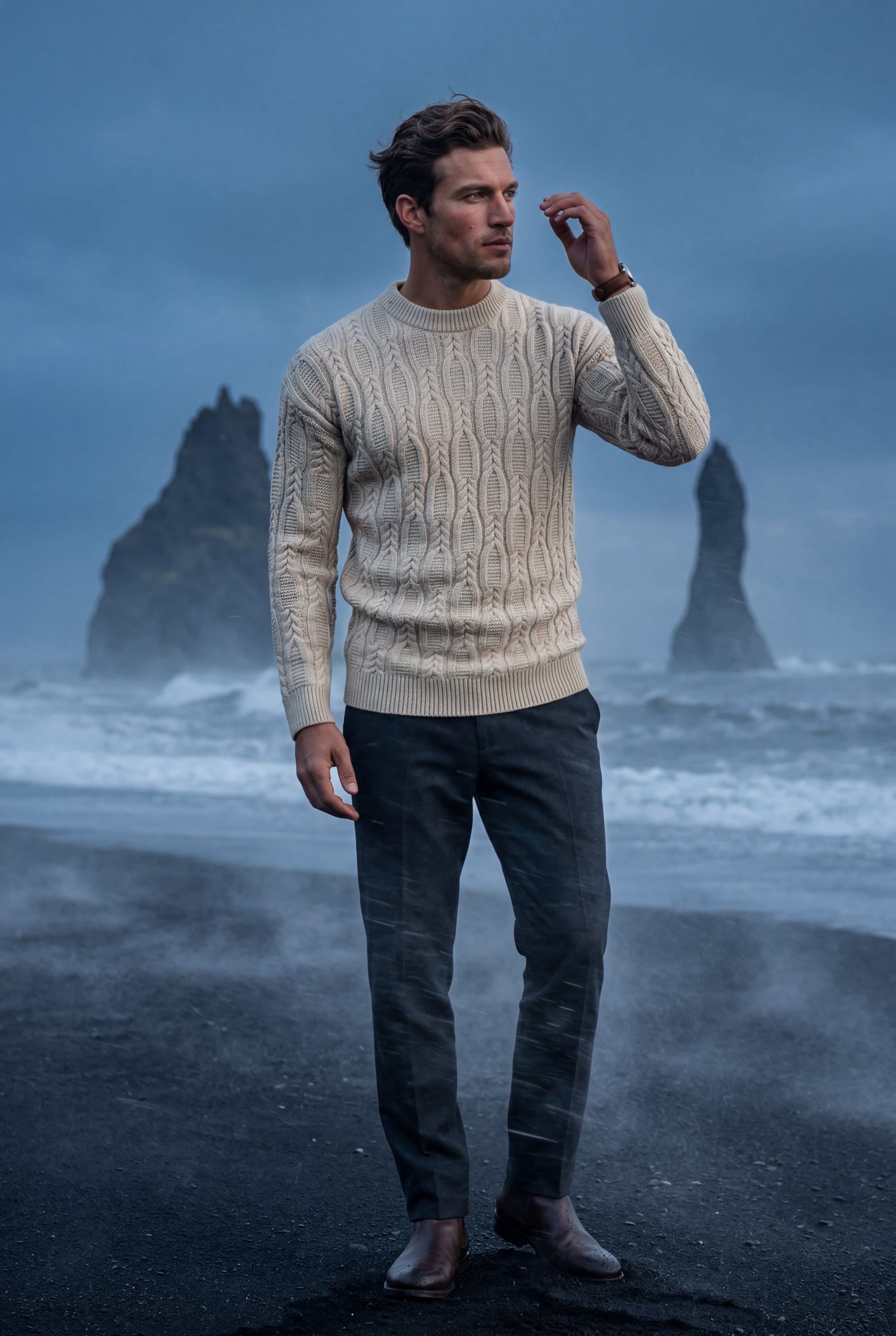 Chunky Cable Crewneck Sweater with Ribbed Hem | Liam