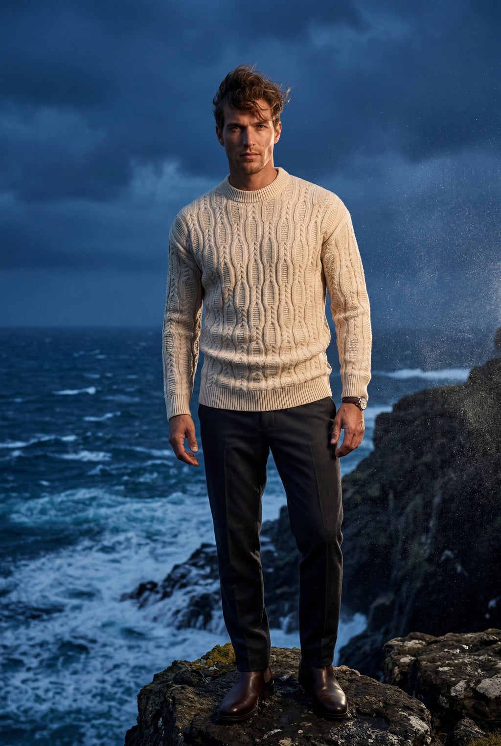 Chunky Cable Crewneck Sweater with Ribbed Hem | Liam
