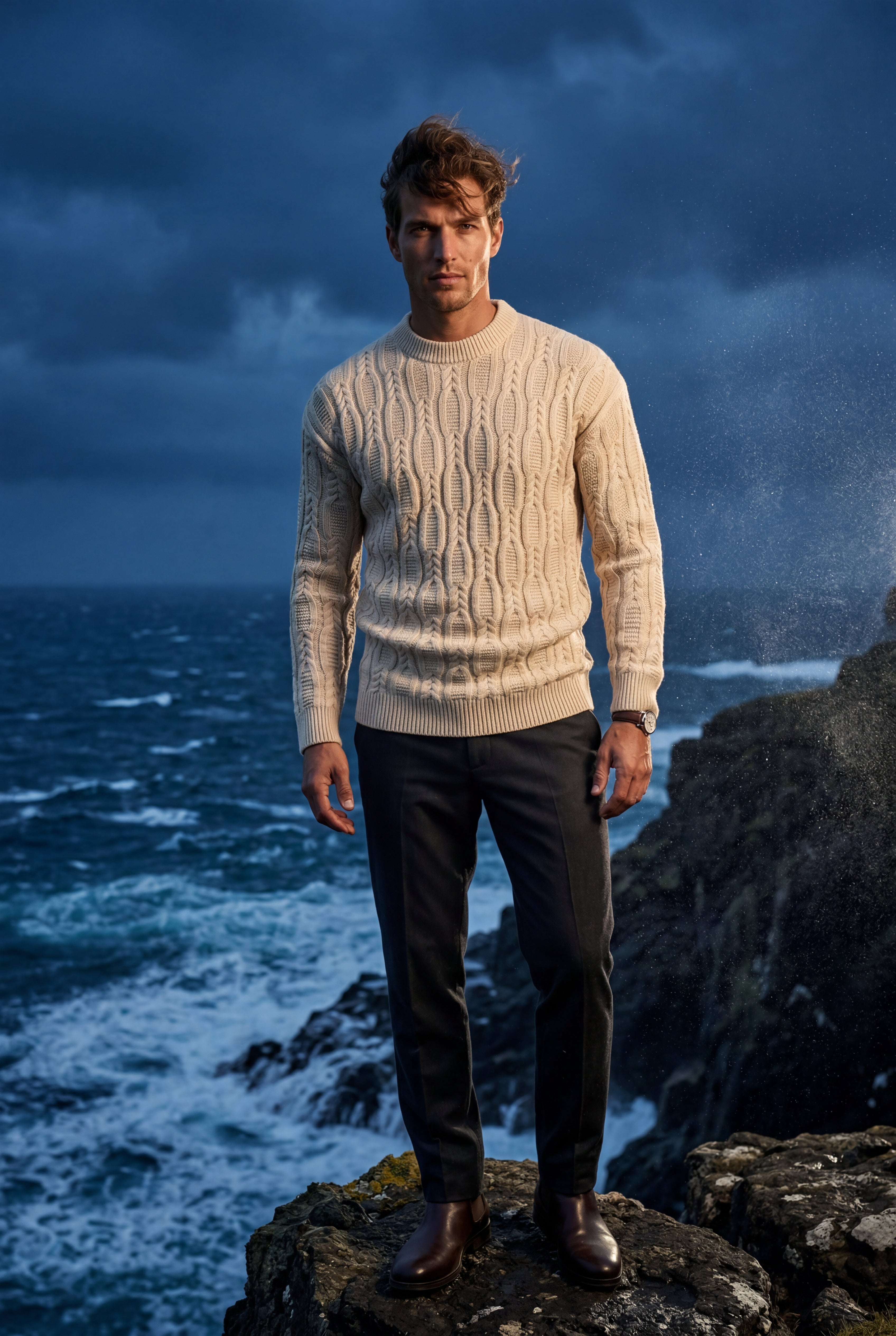 Chunky Cable Crewneck Sweater with Ribbed Hem | Liam