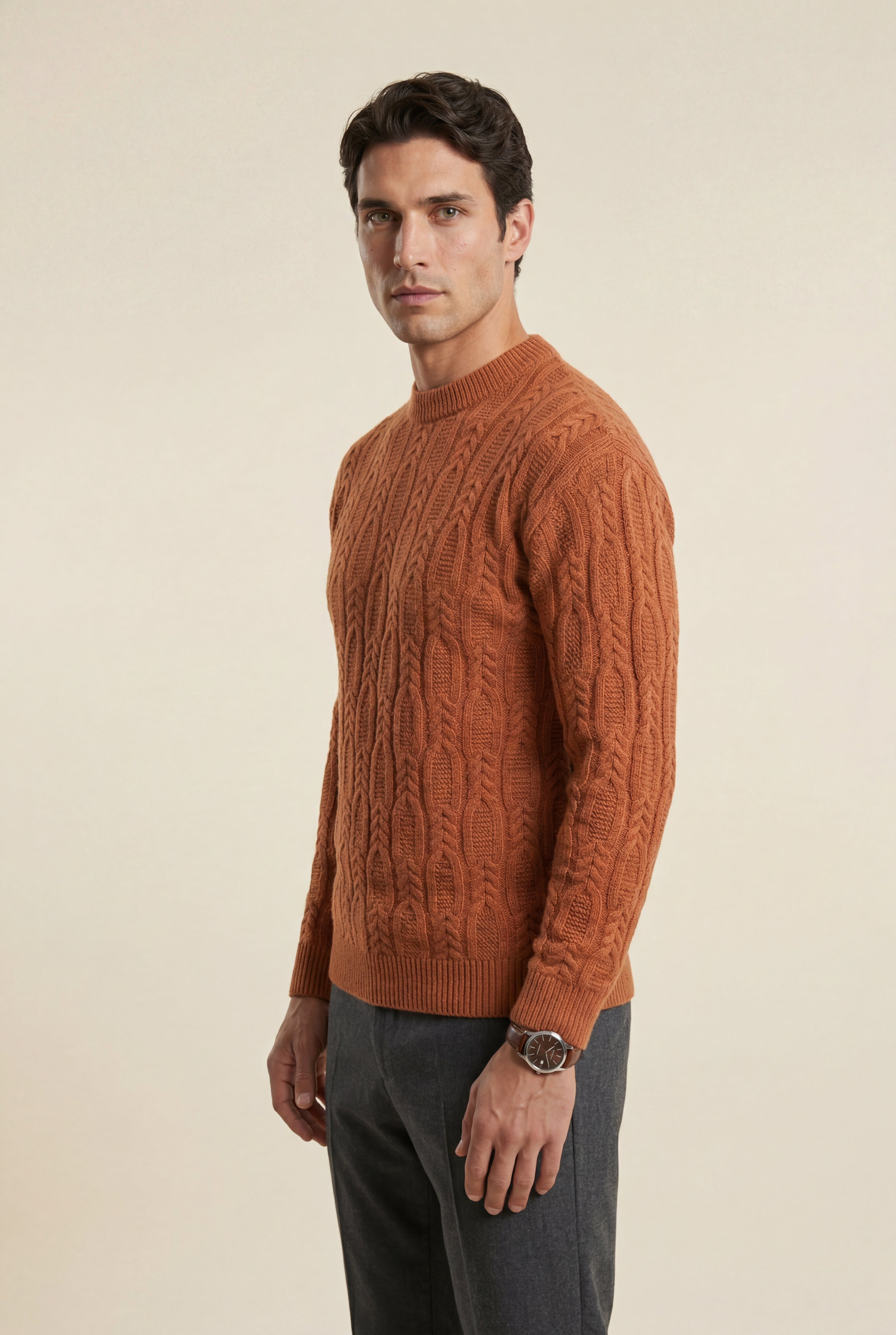 Chunky Cable Crewneck Sweater with Ribbed Hem | Liam