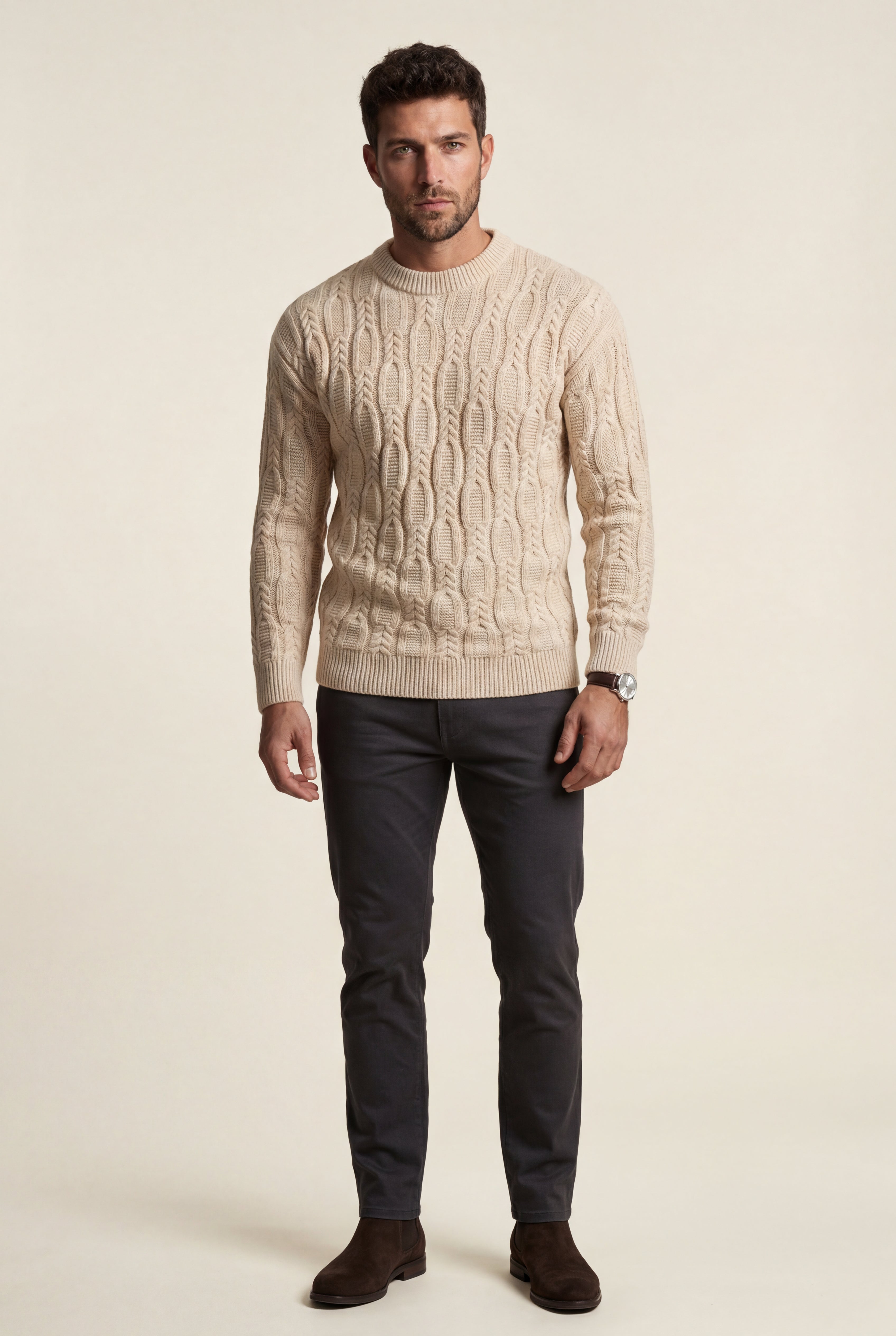 Chunky Cable Crewneck Sweater with Ribbed Hem | Liam