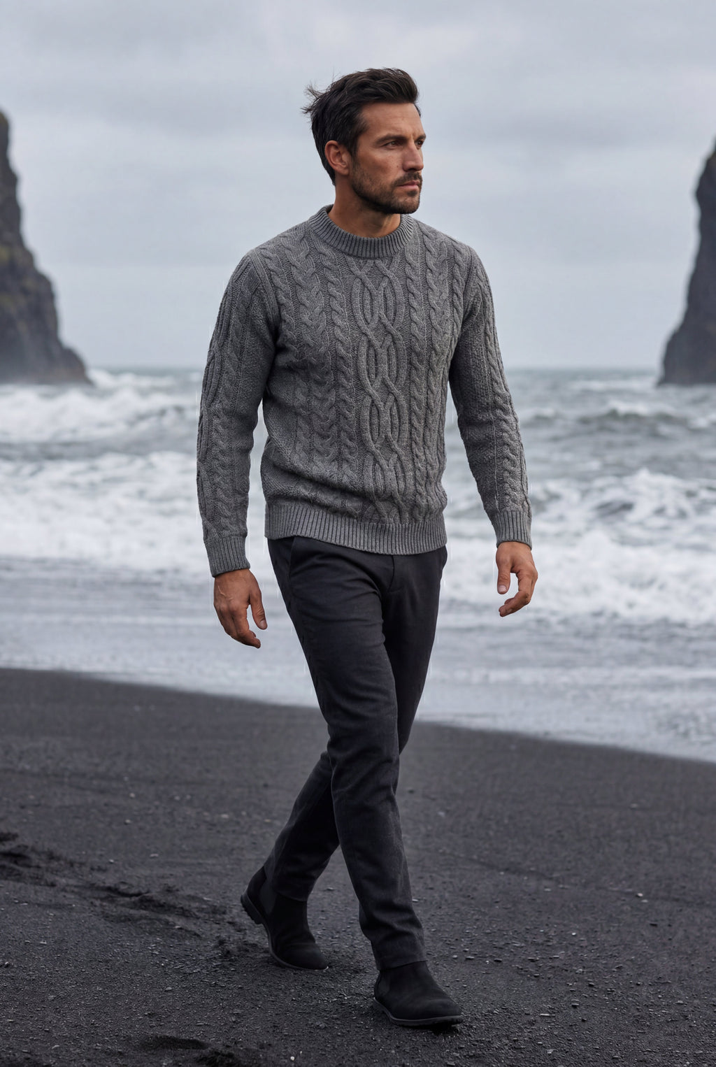 Chunky Cable Crewneck Sweater with Ribbed Hem | Liam