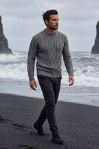 Chunky Cable Crewneck Sweater with Ribbed Hem | Liam