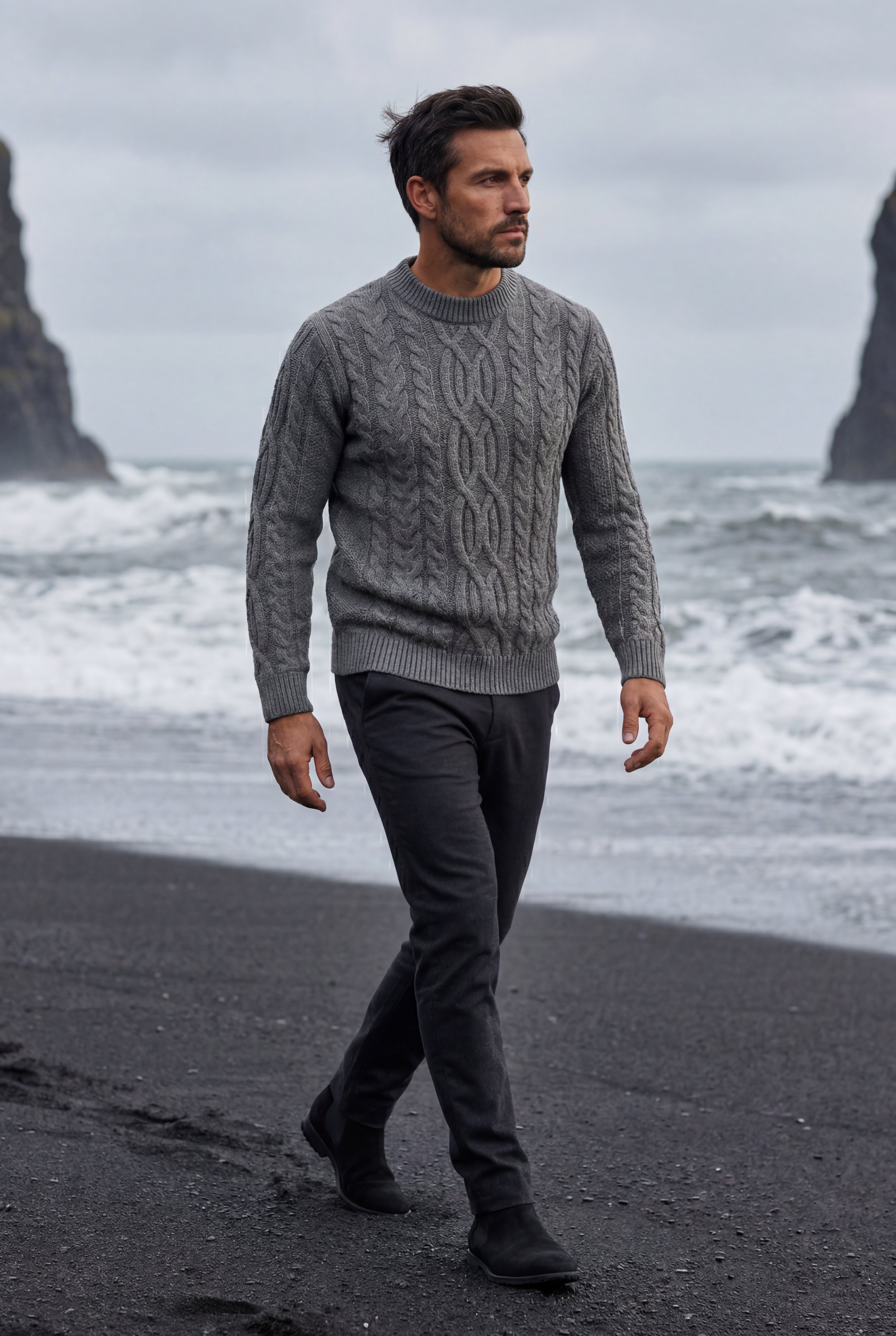 Chunky Cable Crewneck Sweater with Ribbed Hem | Liam