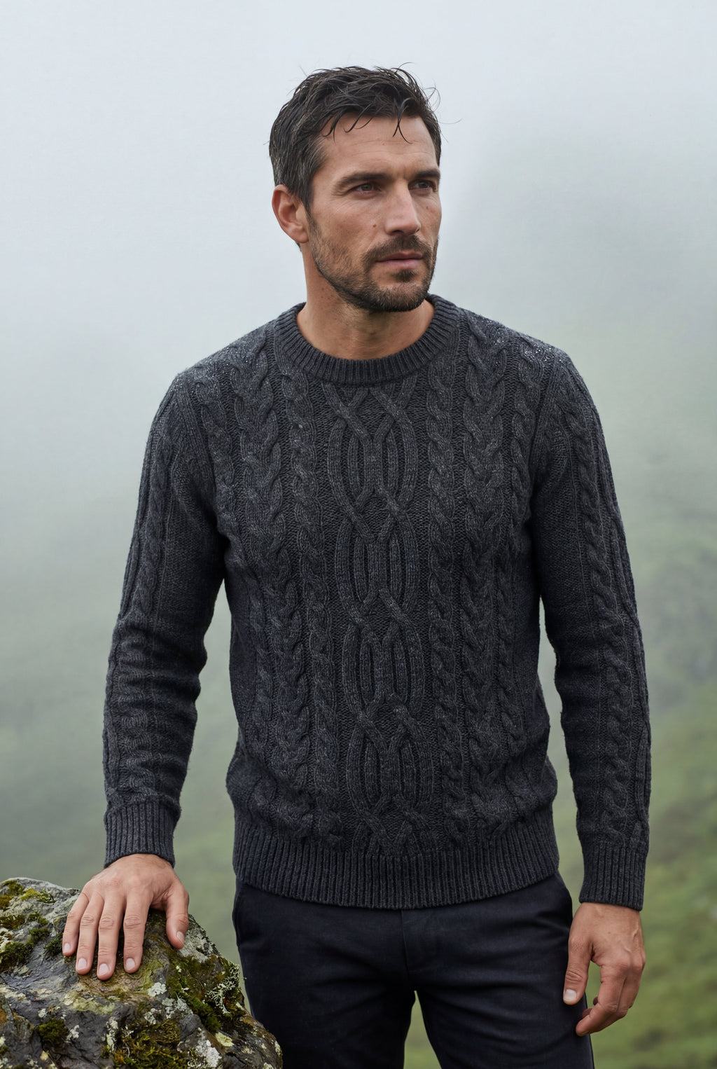 Chunky Cable Crewneck Sweater with Ribbed Hem | Liam